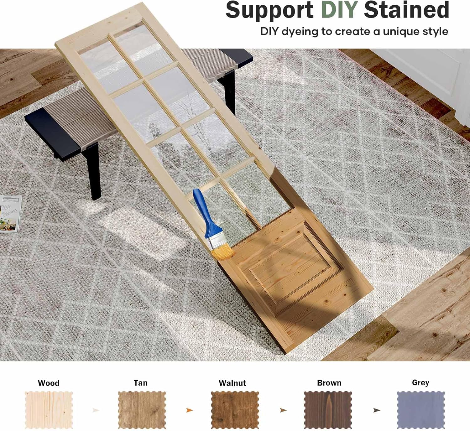 Preassembled 48x84 (Double 24x84) Inch Clear Glass French Interior Door with 8Ft Barn Door Hardware Kit Included, Spruce Wood Support DIY Dyeing, Easy Assembly