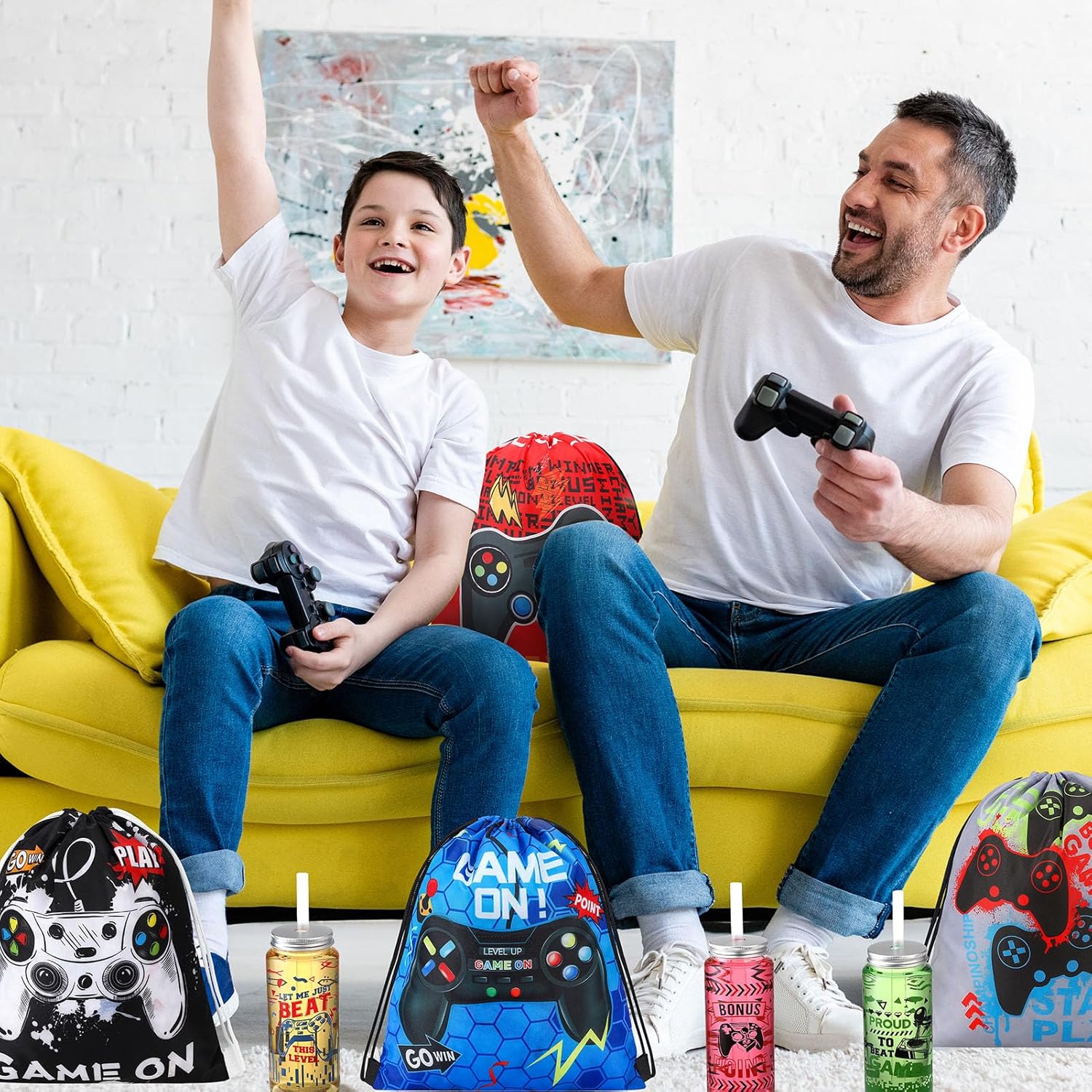 24 Pcs Video Game Party Favors, 12 Pcs Video Game Plastic Cups with Lids and Straws,12 Pcs Gamer Party Drawstring Bags, Reusable Cups Plastic Tumbler Gaming Goodie Bag for Birthdays Supplies - Image 5