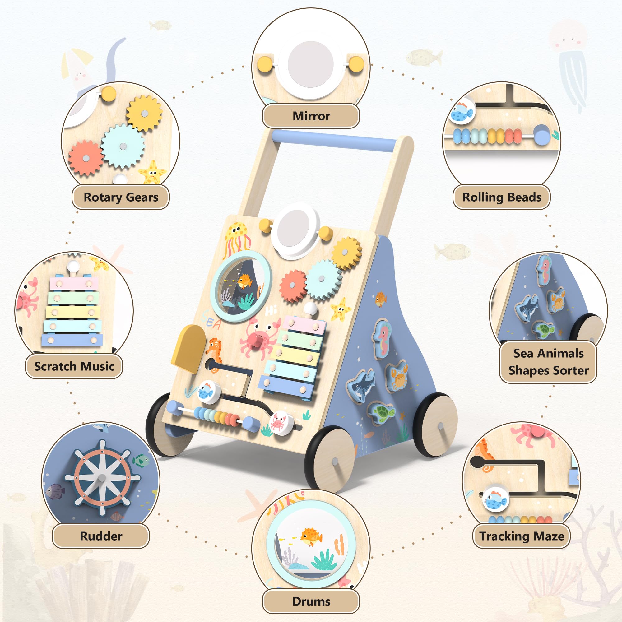 Houten babyloophulp, multifunctionele loophulp met bouwblokken, wielen Houten babyloophulp, multifunctionele loophulp met bouwblokken, wielen