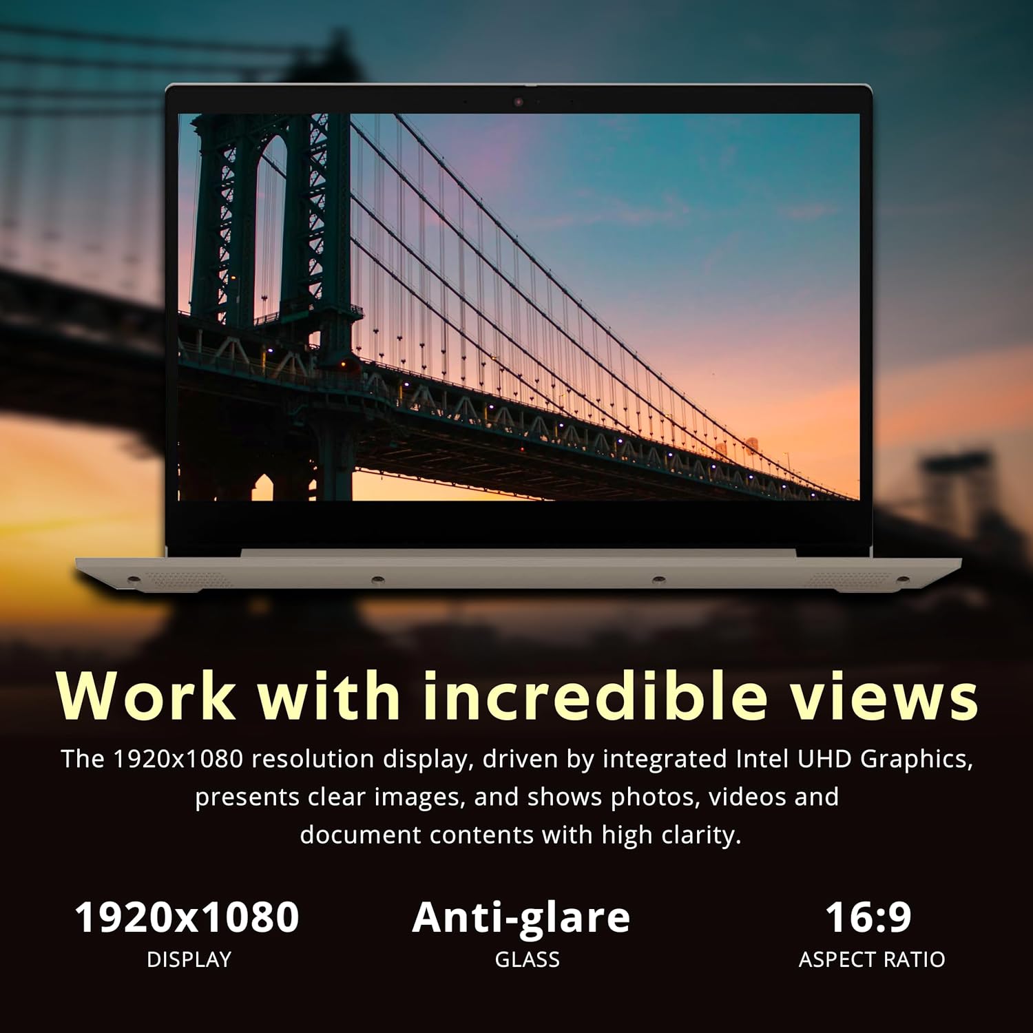 Lenovo IdeaPad 3i laptop display showing a scenic bridge, highlighting its 1920x1080 resolution and anti-glare features.