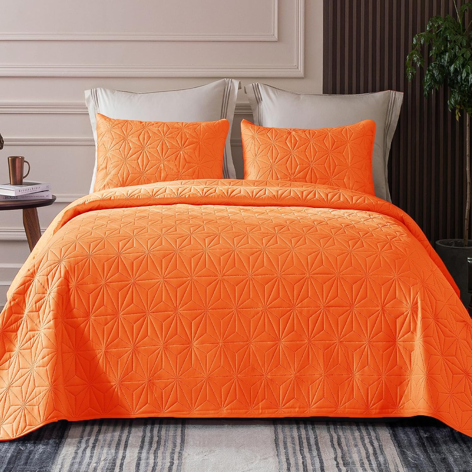 Whale Flotilla Twin Size Quilt Bedding Set, Soft Orange Twin XL Quilts Bedspreads for All Seasons, Lightweight Geometric Star Pattern Coverlets - 2 Pieces(1 Quilt, 1 Pillow Sham)