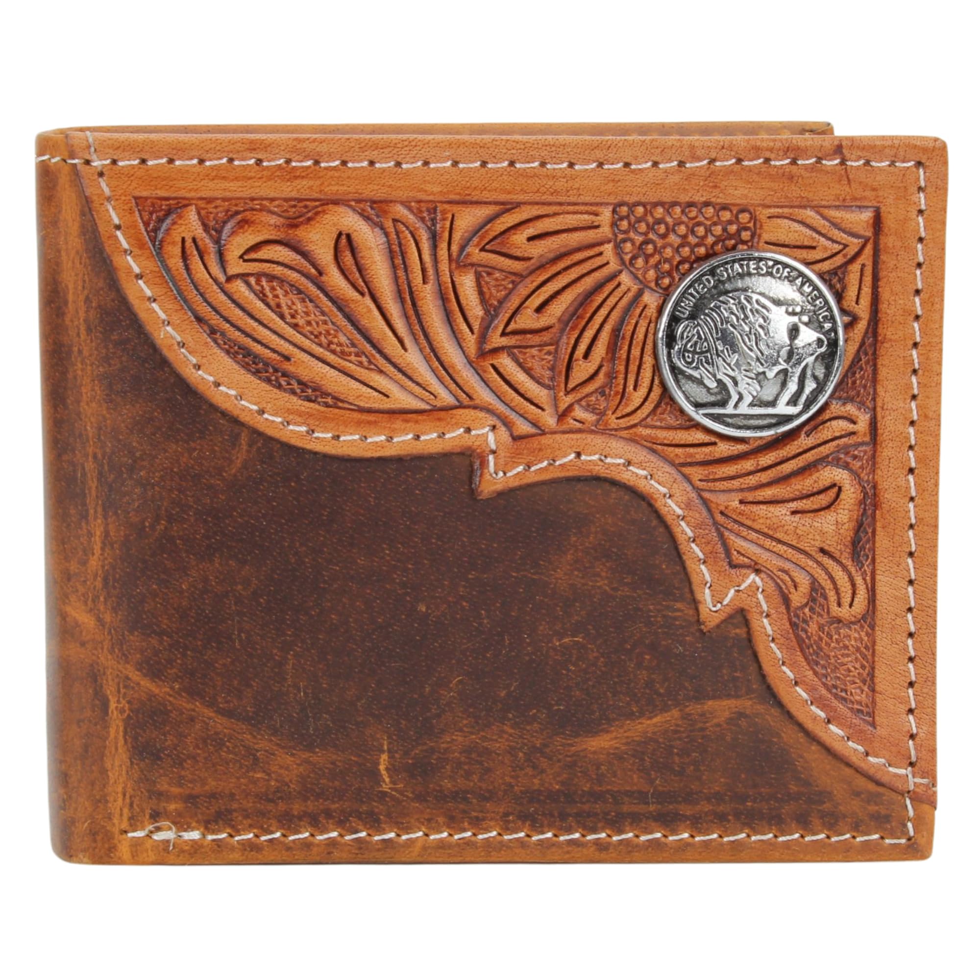 American Bison Tooled Side Bifold Wallet with Conchos–Oil Pull Up Classic Western Craftsmanship & RFID Protection (Buffalo Nikle, Tan)