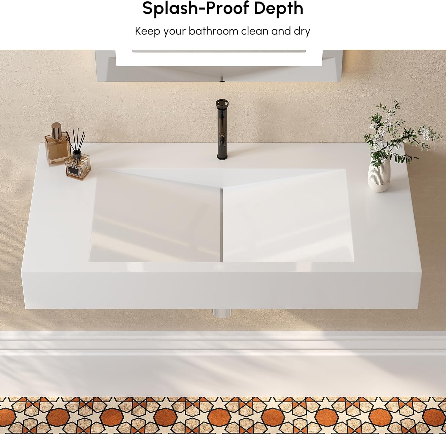 35'' Bathroom Vessel Sink V-Shaped Bathroom Sink Wall-Mount Stone Resin Floating Sink in Glossy White