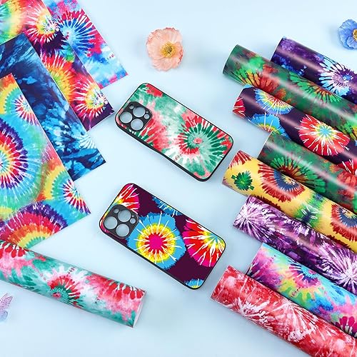 Miniatura 7 de Tintnut Vinilo permanente de teñido anudado, 12 hojas de 12 x 10 pulgadas, vinilo adhesivo colorido sin costuras, patrón de remolino, vinilo