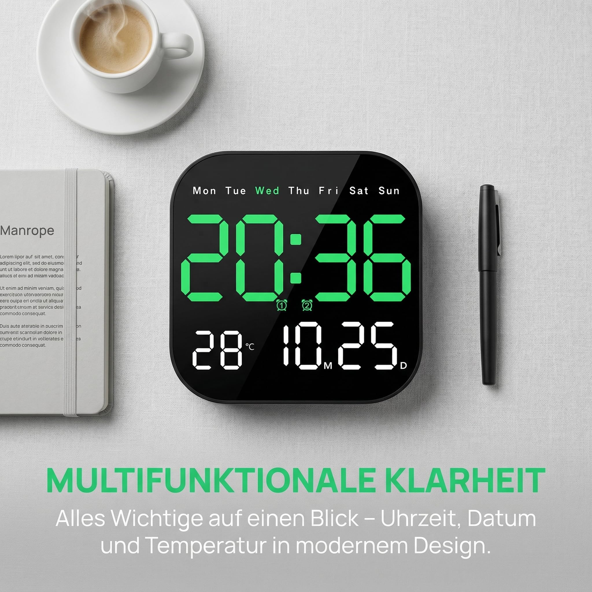 Multifunktionaler Digitaluhr mit LED-Display, Temperatur-, Datum- und Wochentag-Anzeige, Wandmontage, Tischständer, Fernbedienung, Helligkeit Regulierbar, für Zuhause und Büro (Rosa)