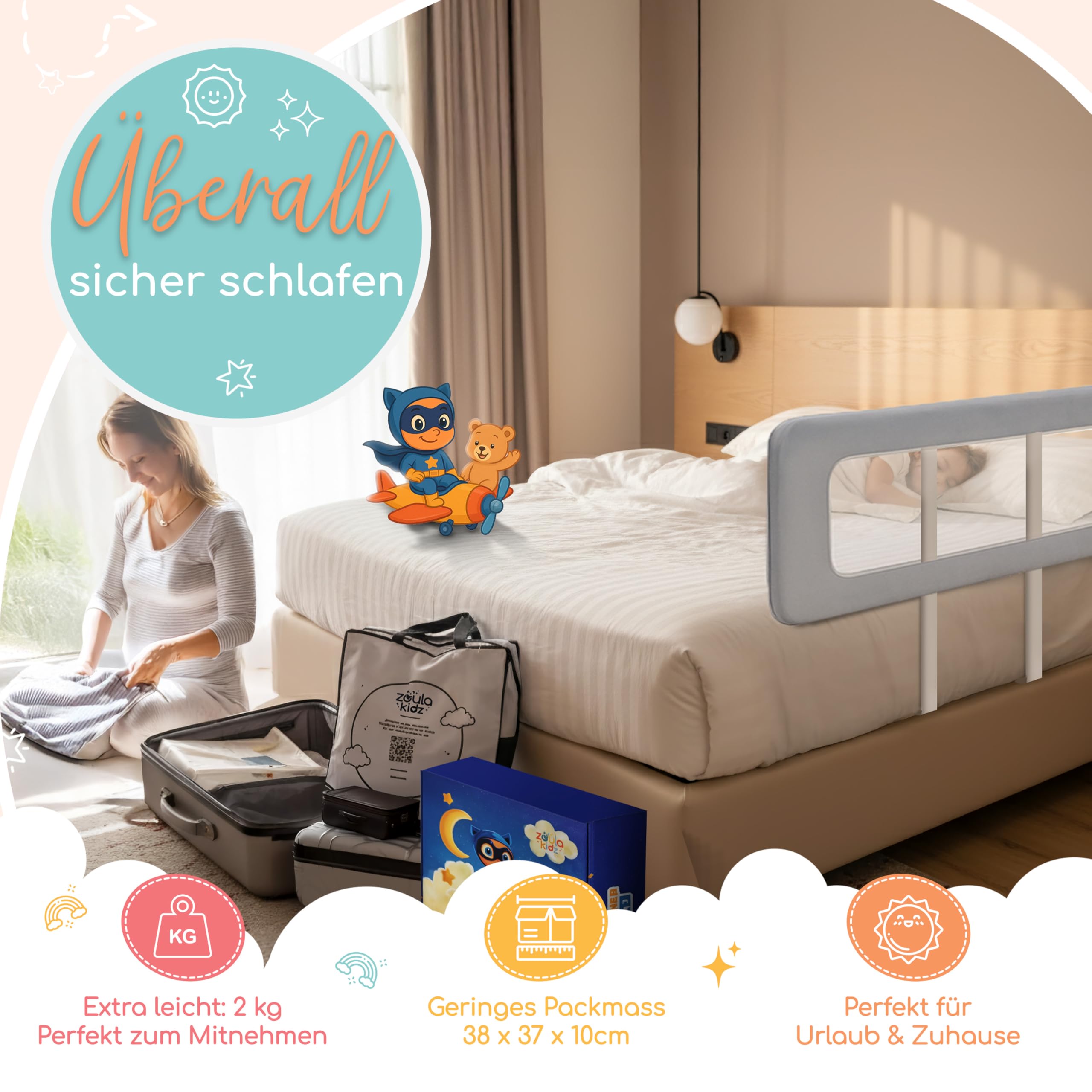 zoula kidz® faltbares Bettgitter als Rausfallschutz Bett Reise - Klappbar & Höhenverstellbar - Bettschutzgitter für Boxspringbett, Elternbett, Kinderbett - Mit Tasche & Gurt - ultrakompaktes Packmaß