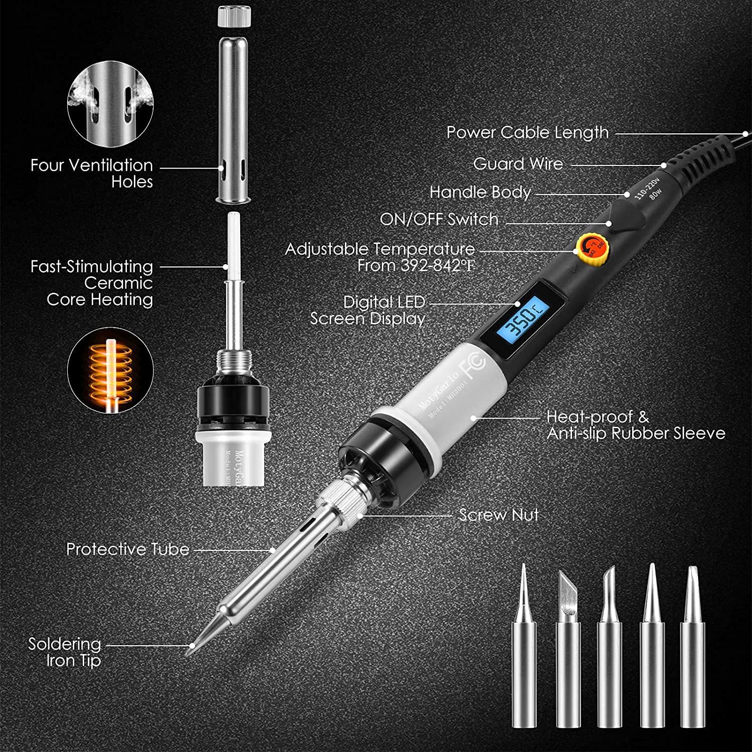 Soldering Iron Kit, 80W LCD Digital Soldering Gun with Adjustable Temperature Controlled, ON-Off Switch, 5pcs Soldering Tips, Solder Wire Tube, Desoldering Pump, 14pcs Welding Tool