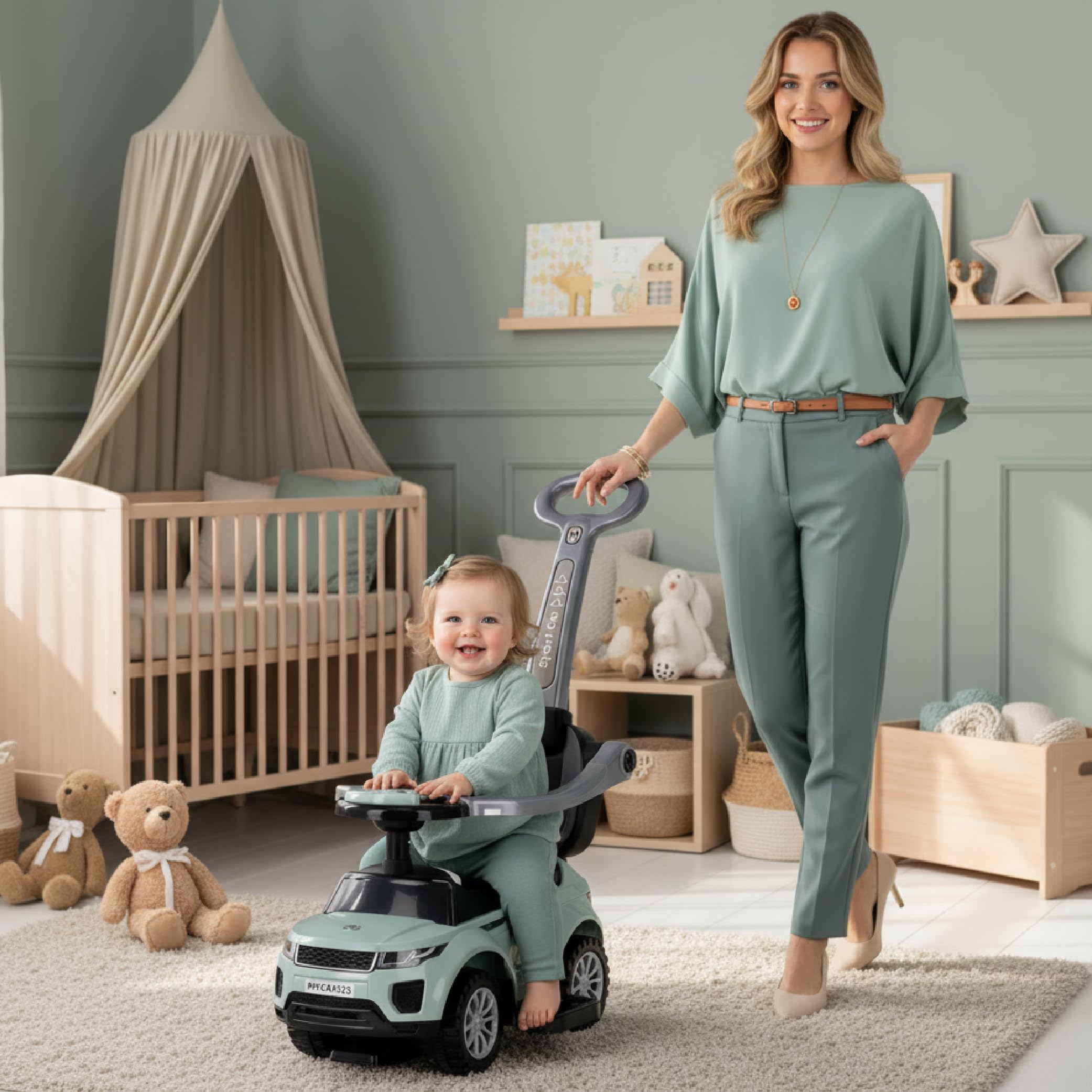 4in1 Kinderauto Rutschauto ab 1 Jahre und Schiebeauto mit Hupe und Musik, Rutschauto mit Stauraum unter dem Sitz, Spielzeugauto ab 1 Jahren (Salbei)