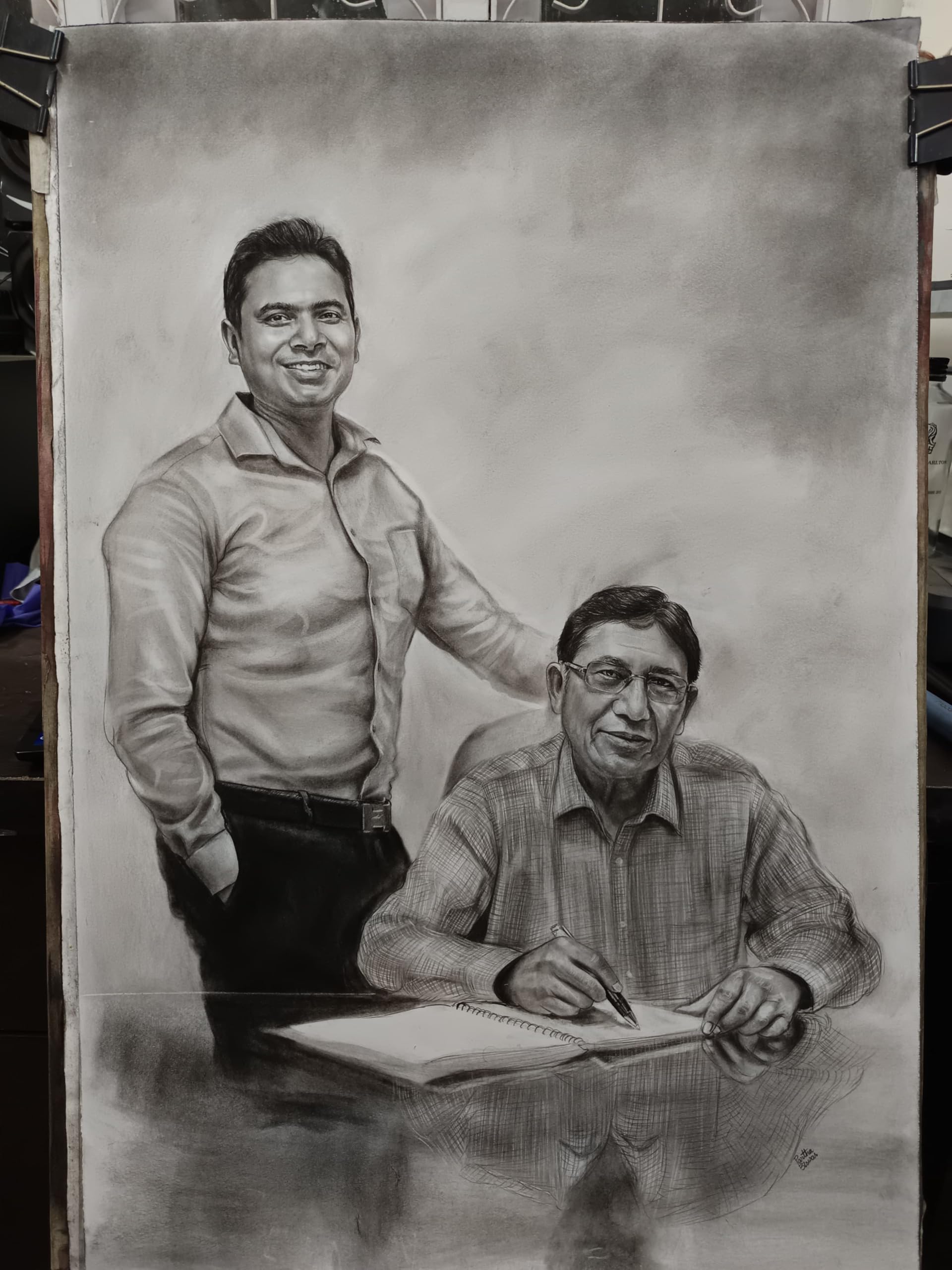 Custom Charcoal Portrait Drawing, Professional Hand-Drawn Artwork, Black and White, 2-Person Family Portrait