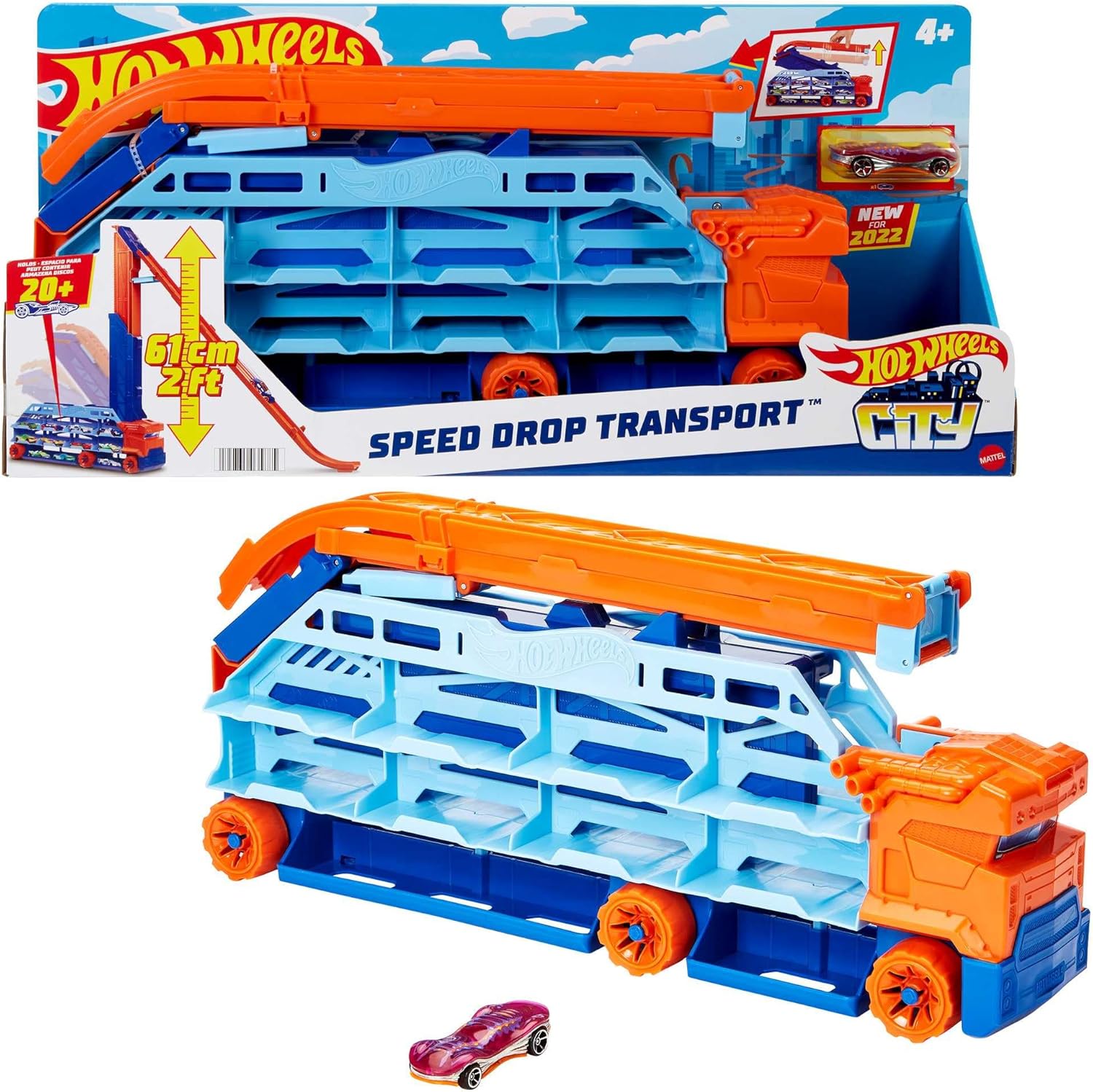 HOT Wheels City Transporter - with extendable Downhill ramp, Loading Area for 20 Vehicles and Special Wheels - Gift for Children from 4 Years, HDY92