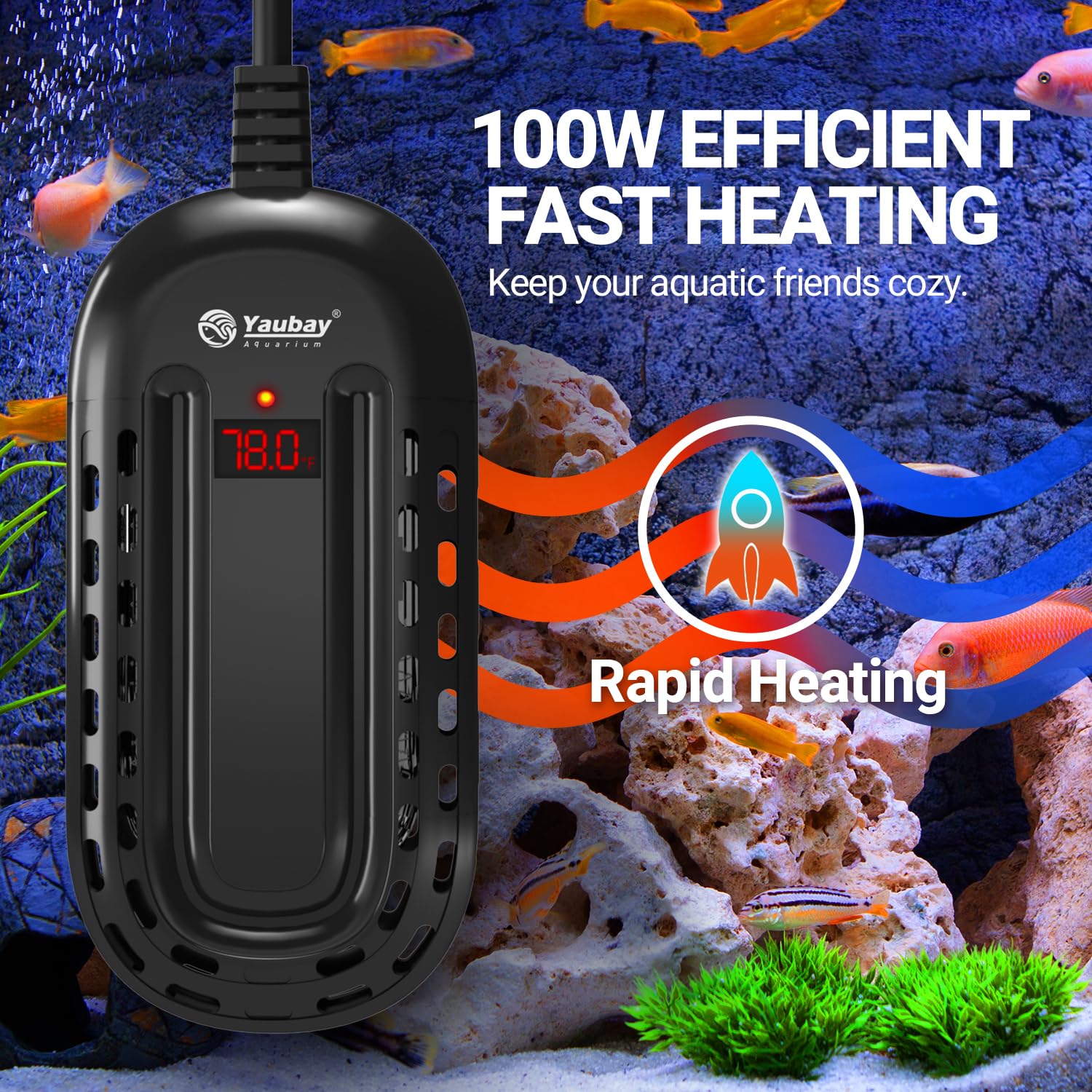 Yaubay 100W Aquarium Heater, Submersible Fish Tank Heater