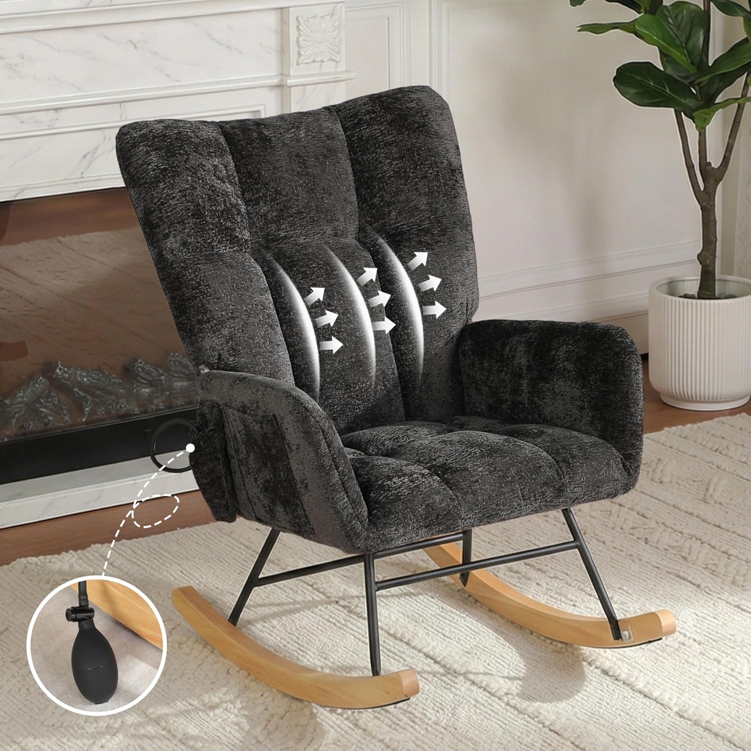 Rocking Chair with Airbag, Comfy Modern Reading & Nursing Nursery Rocking Chair indoor, Cozy Upholstered Glider Rocker Chairs with High Backrest for Living Room Bedroom Offices(Chenille, Black)