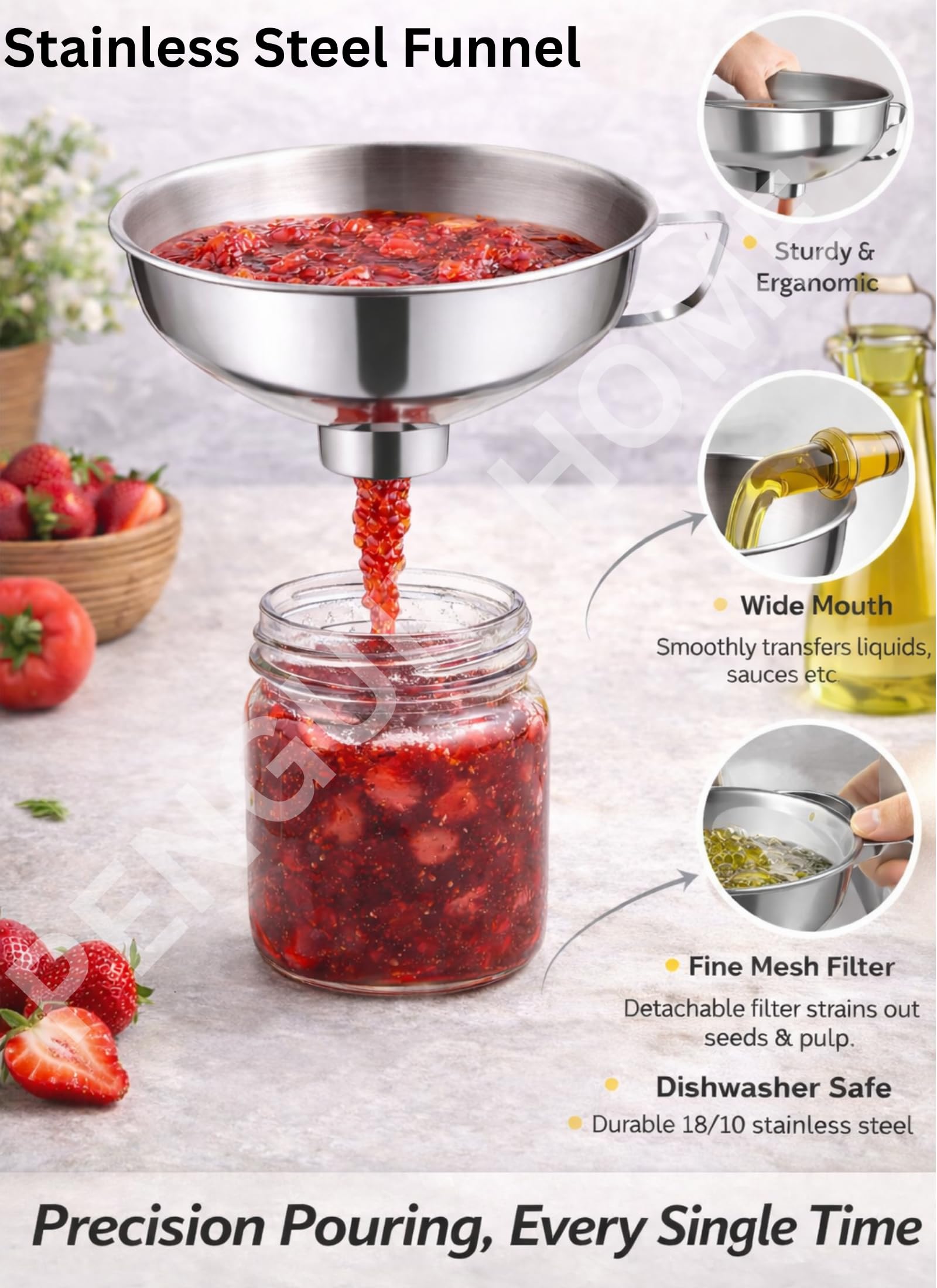 Penguin Home Sartén de 5 L con embudo de mermelada de cuello ancho de 14 cm, olla de acero inoxidable con embudo de conservas de acero para conservar, sartén combinada y embudo de mermelada con mango