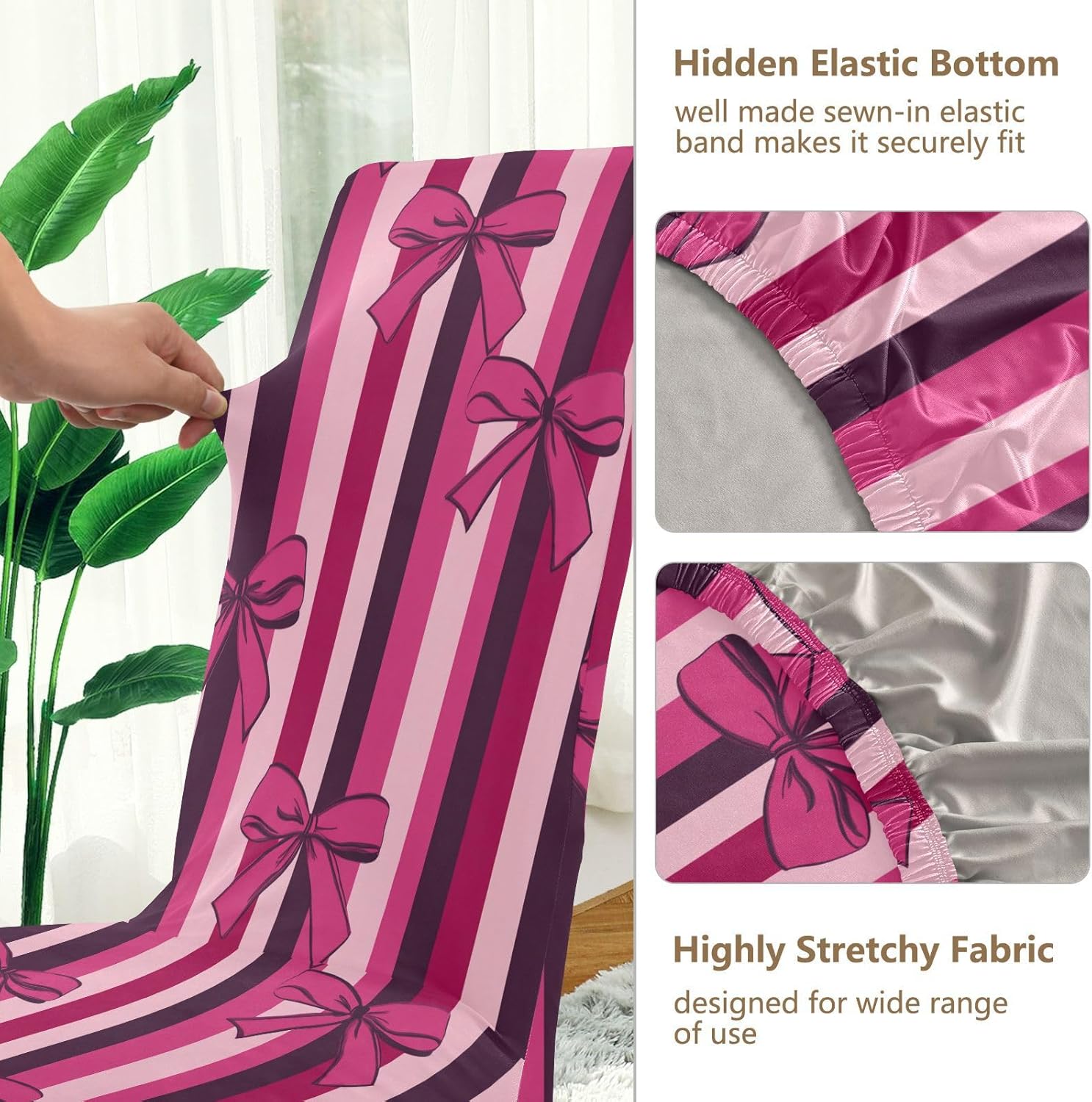 ALAZA Chair Covers for Dining Room, Pink Bow with Striped Seamless Stretch Chair Cover Sets Chair Protector Removable Washable for Ktichen Restaurant Hotel