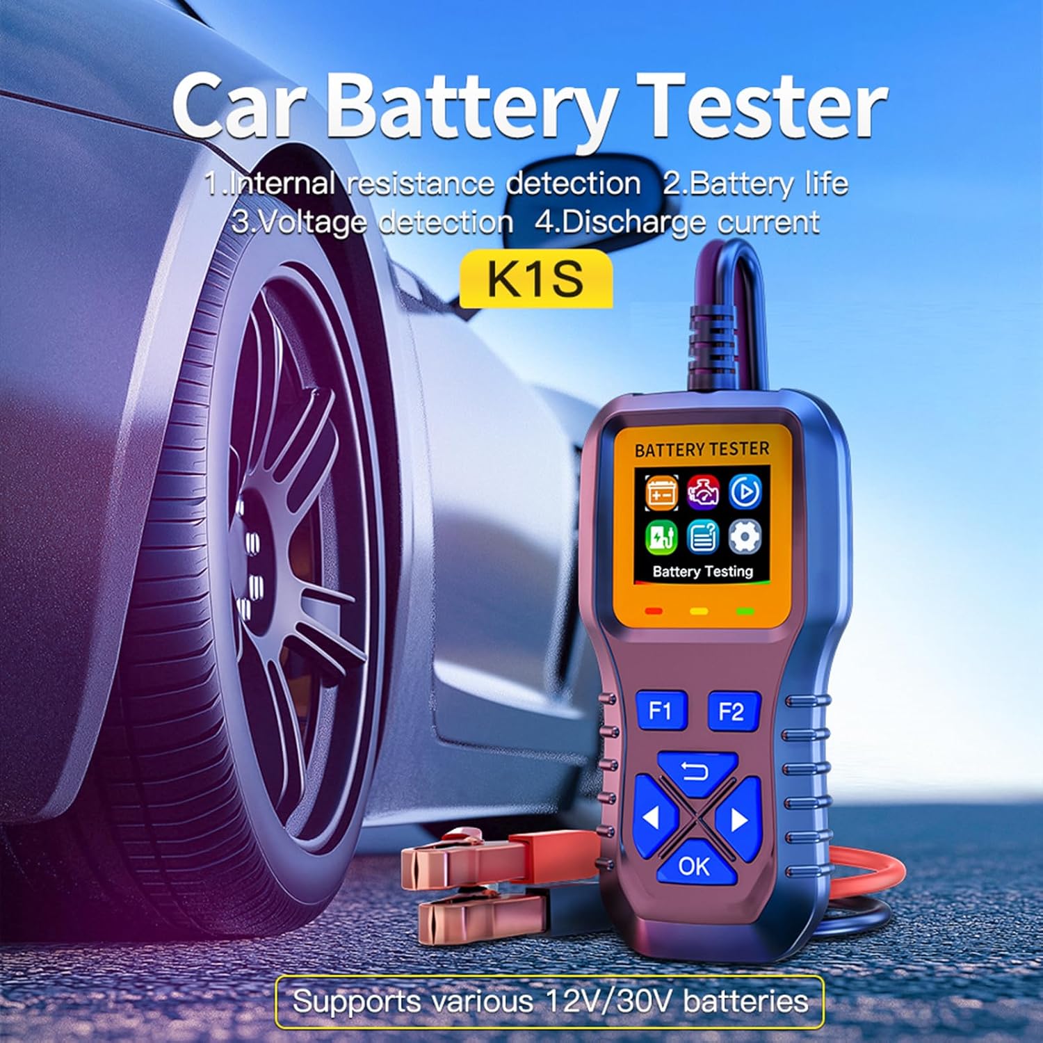 AZIJYV Battery Tester, Car Battery Tester K1S, Battery Load Tester 12V-30V Lead-Acid Battery Digital Automotive Battery Analyzer Can test automotive, electric vehicle, and motorcycle batteries