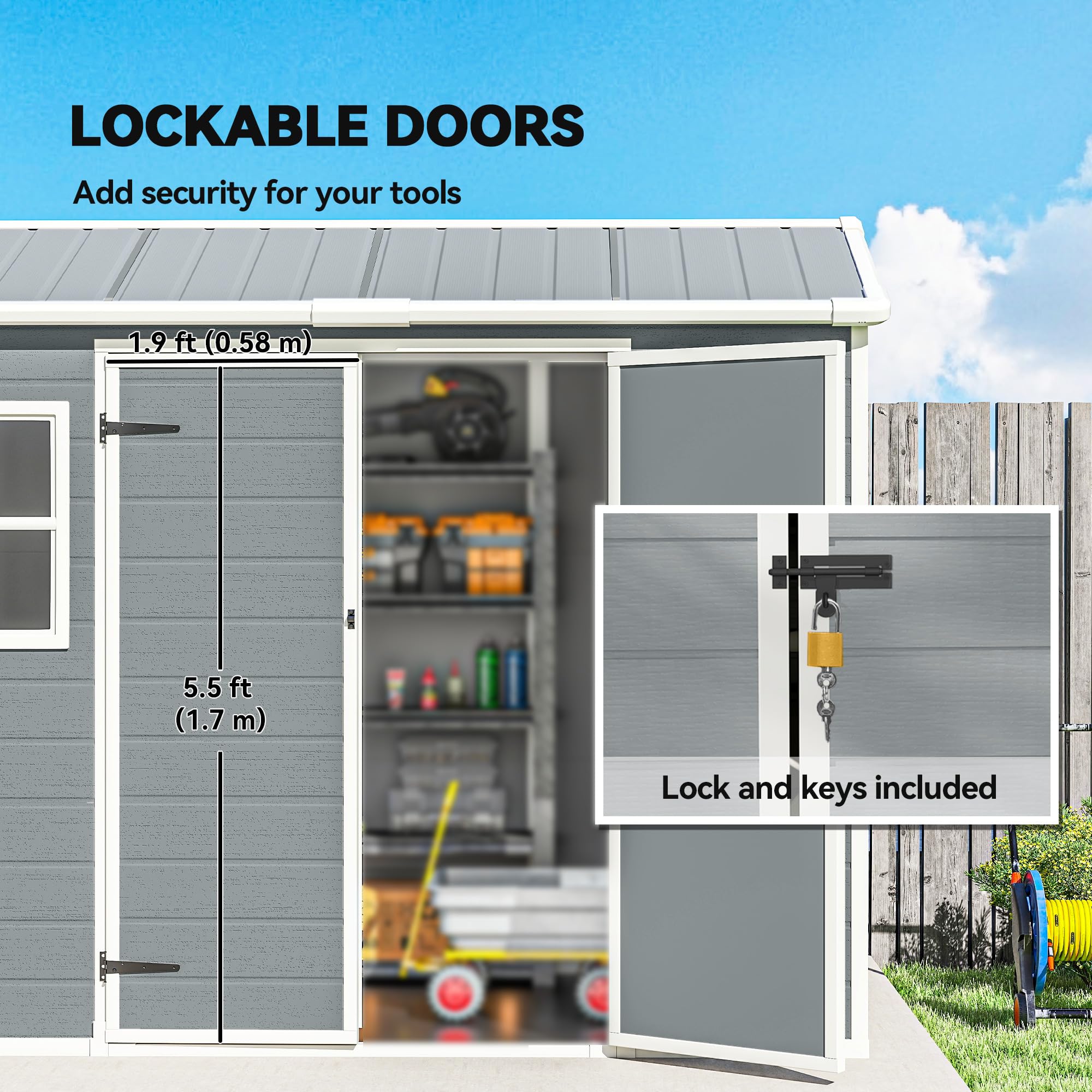 Outsunny 8 x 4 ft Resin Garden Shed, Wood-Effect Outdoor Storage Shed with Floor, Double Windows, Lockable Doors and Vents, for Tools, Bike, Generator, Light Grey — view 5