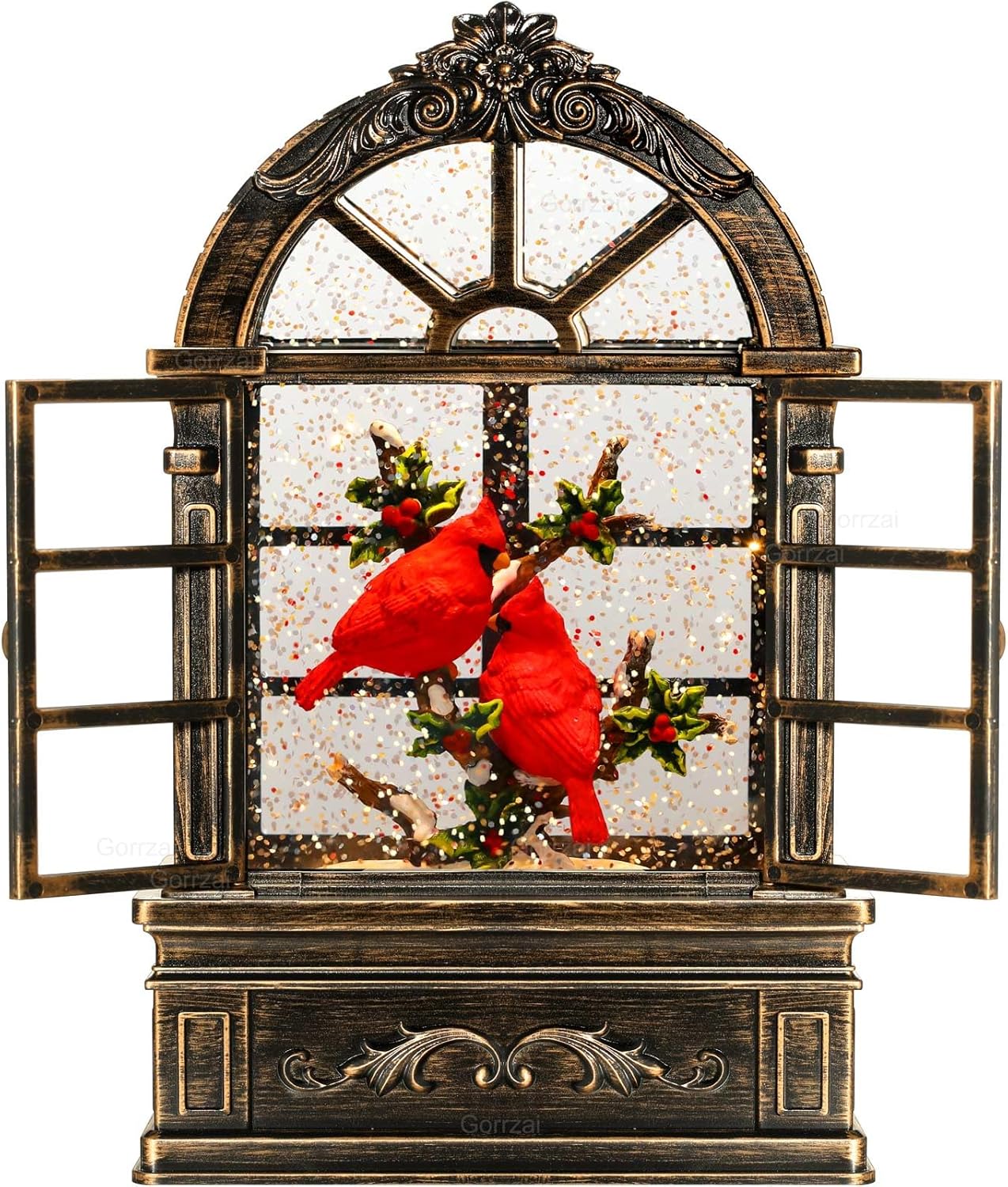 Cardinal Snow Globe Lantern Christmas Snow Globes Arched Window Shape Christmas Decorations Indoor for Home Timer Christmas Music Box, USB and Battery Powered