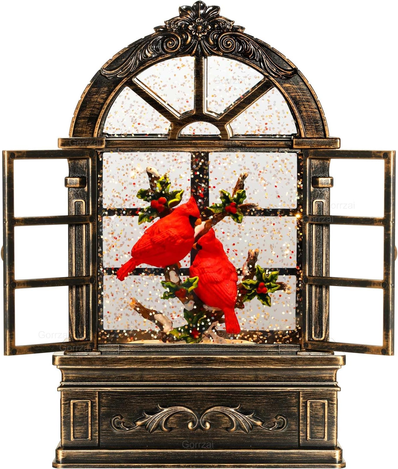Cardinal Snow Globe Lantern Christmas Snow Globes Arched Window Shape Christmas Decorations Indoor for Home Timer Christmas Music Box, USB and Battery Powered