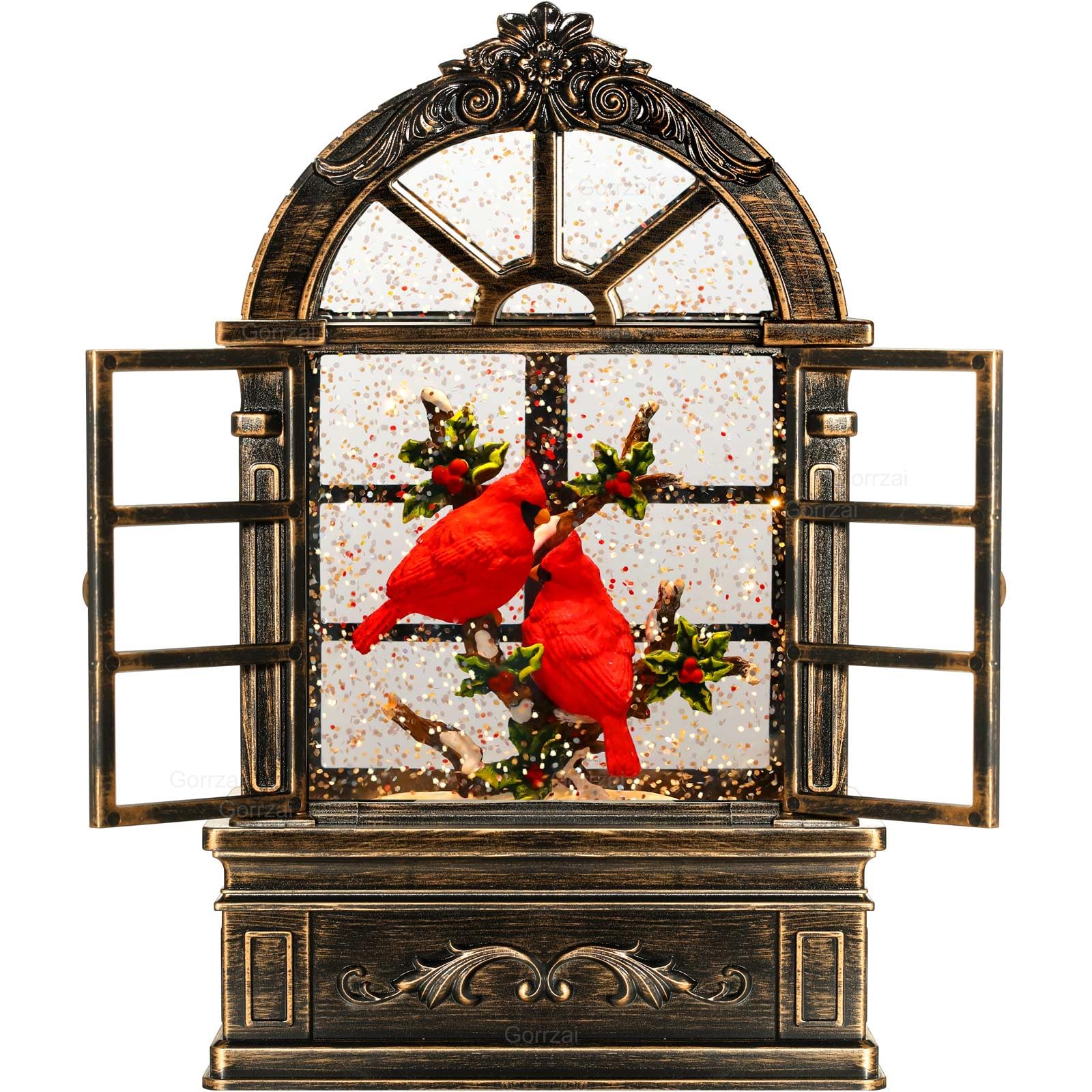 Cardinal Snow Globe Lantern Christmas Snow Globes Arched Window Shape Christmas Decorations Indoor for Home Timer Christmas Music Box, USB and Battery Powered