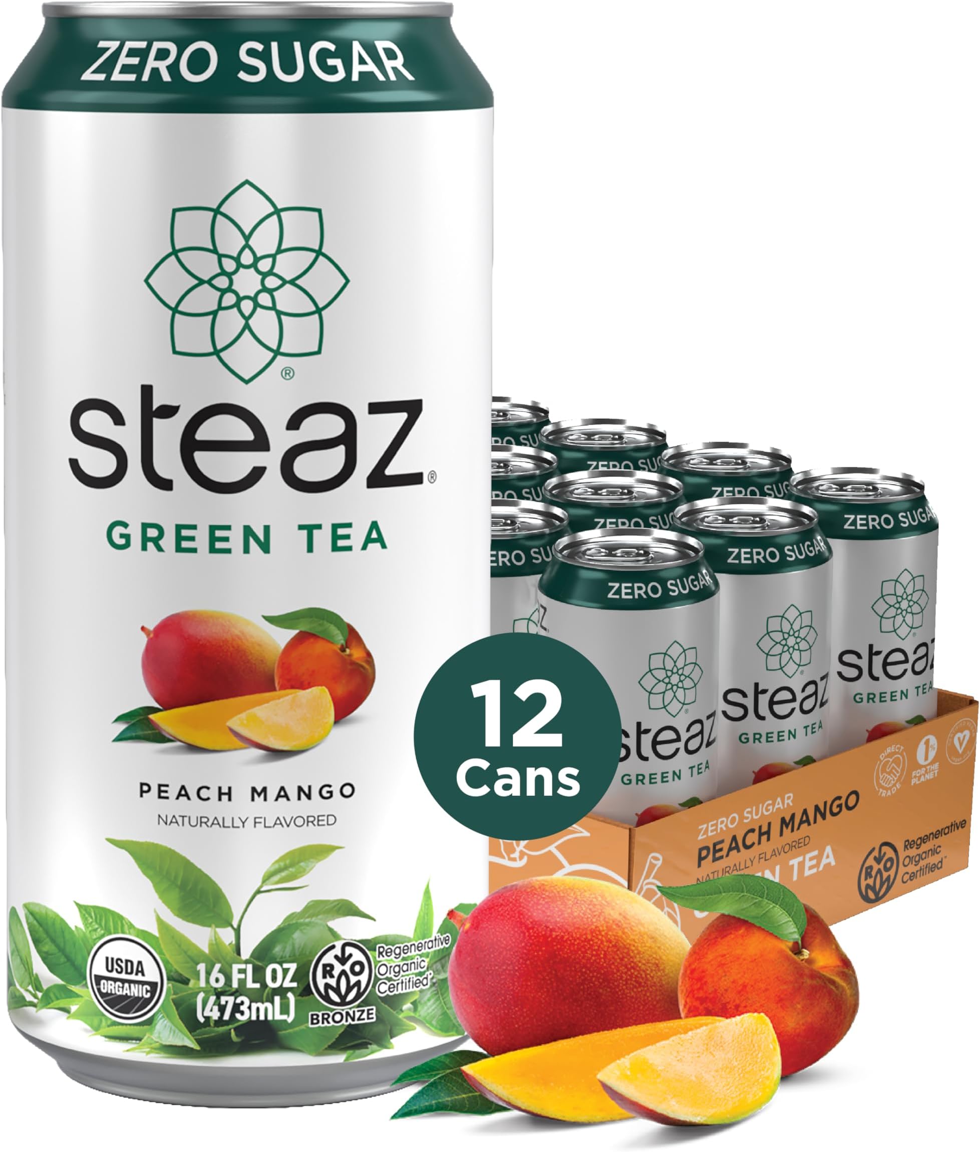 Zero Sugar Organic Green Tea - Peach Mango (12 Pack) 30mg Natural Caffeine, 0 Calories, Sweetened Iced Tea, Regenerative Organic Certifiedยฎ - Vegan, Direct Trade - 12 Cans, 16 fl oz