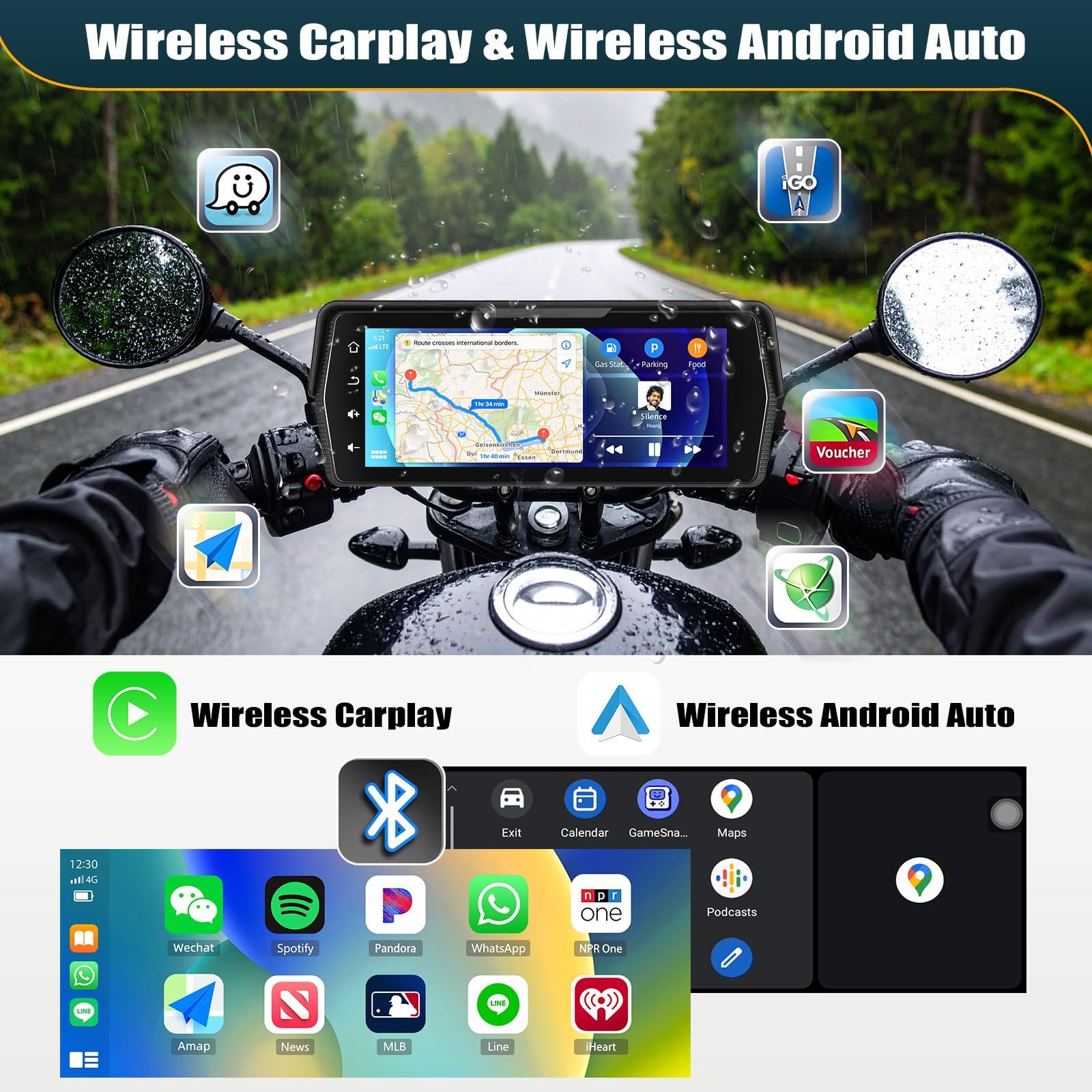 CMAECHO [2025] Dashcam Motorrad Carplay mit Vorne/Hinten Kamera, 6.86 Zoll HD Touchscreen IP68 Wasserdichter Motorräder mit Dual Bluetooth WiFi Android Auto Mirror Link Siri/G00gle Assistant