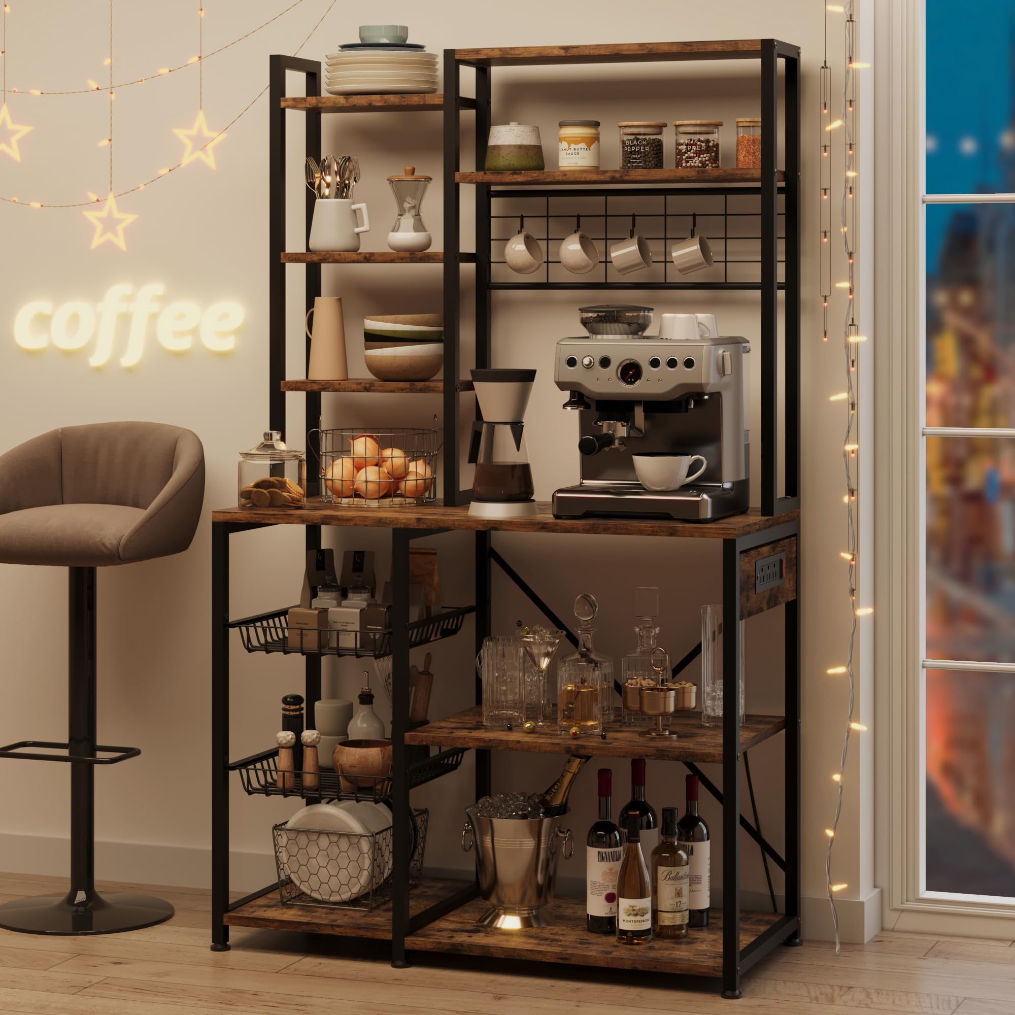 GarveeHome Étagère Cuisine 7 Niveaux avec Prise électrique – Support Micro-Ondes, paniers métalliques, Station café et Rangement épices – Noir