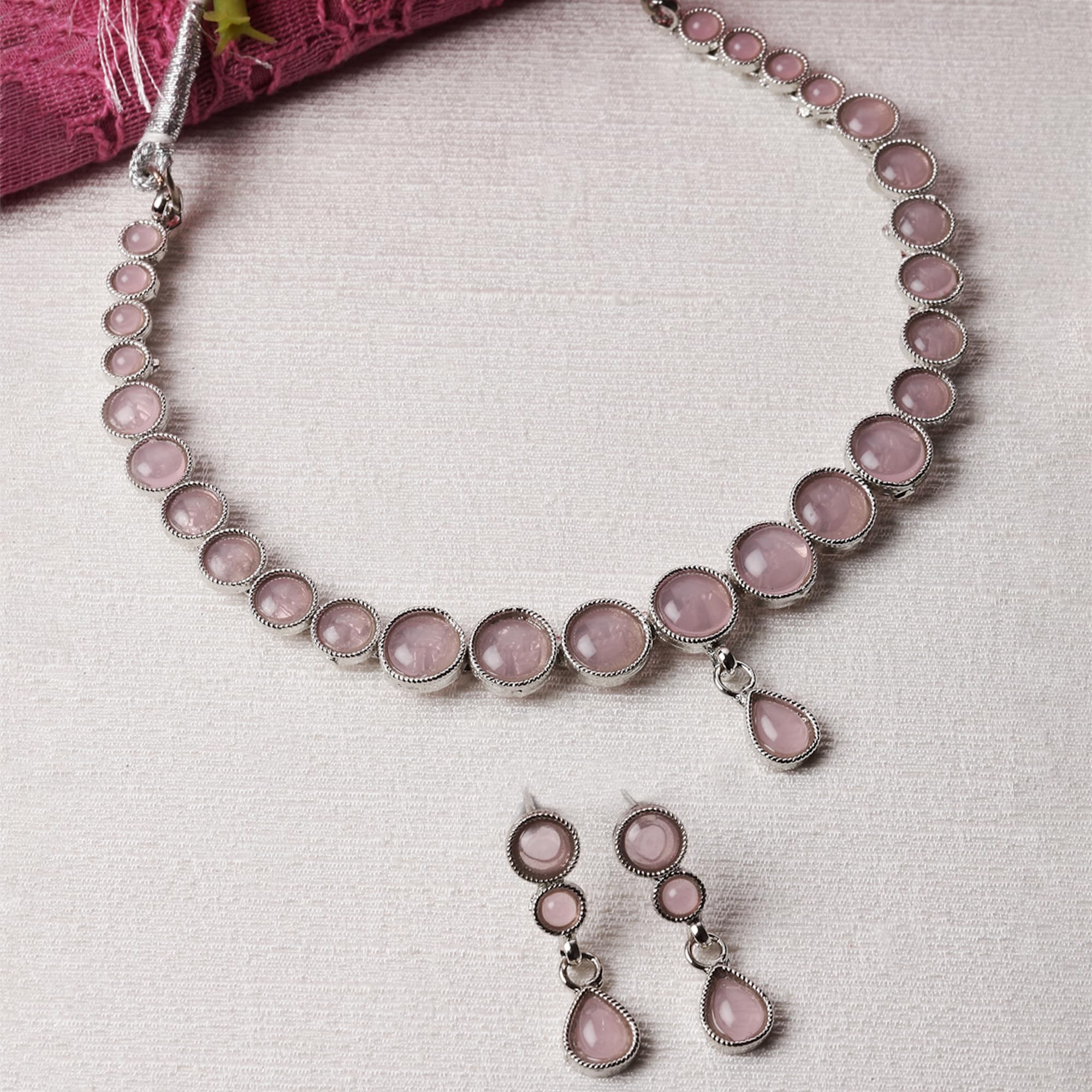 Oxidised Silver-Plated Round American Diamond Necklace Set