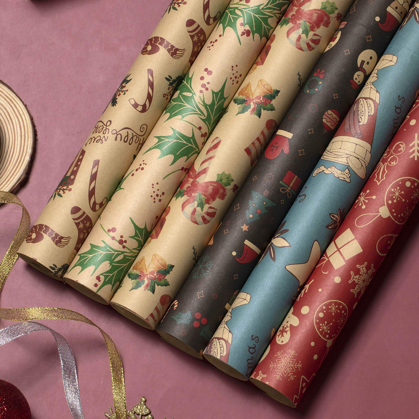 Disnace 6 Stücke Kraft Geschenkpapier, 2 Rolle Band, Geschenkverpackung