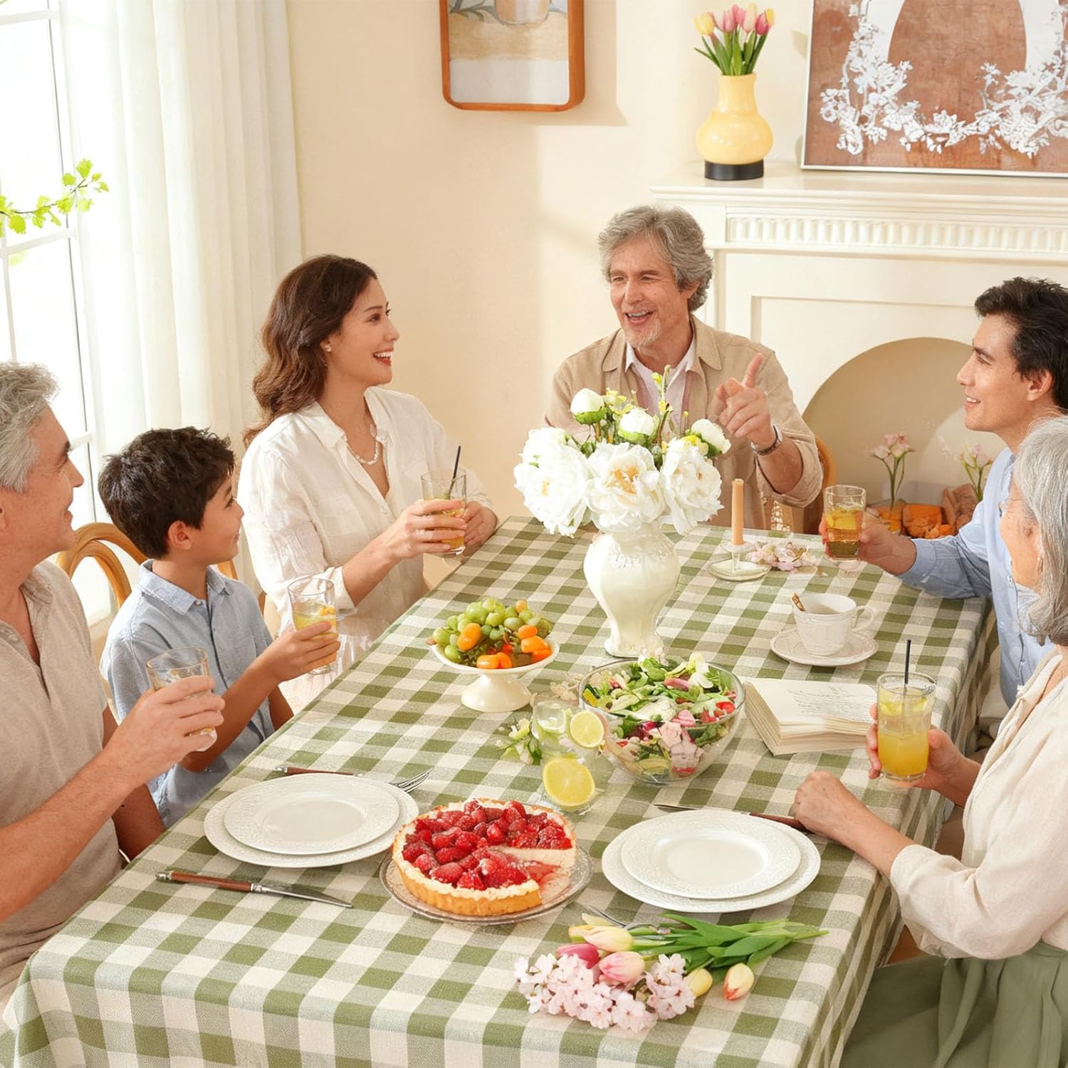 Gingham Tablecloth Rectangle Checkered Table Cloth Cotton Linen Fabric Wrinkle Free Washable Buffalo Plaid Table Cover for Kitchen Dining Picnic Camping, Green and White, 55 * 120 inch