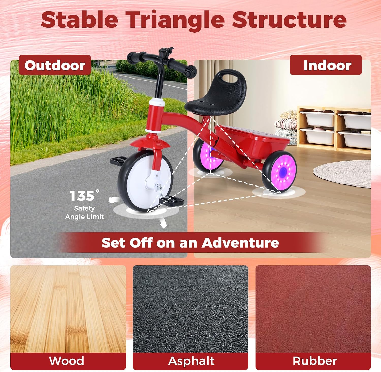 HONEY JOY Tricycle, Kids Trike 3 Wheel Bike w/Light up Rear Wheels, Adjustable Seat, Removable Pedals & Storage Basket, Toddler Tricycle for 3-5 Years Old Preschool Boys Girls, Christmas Birthday
