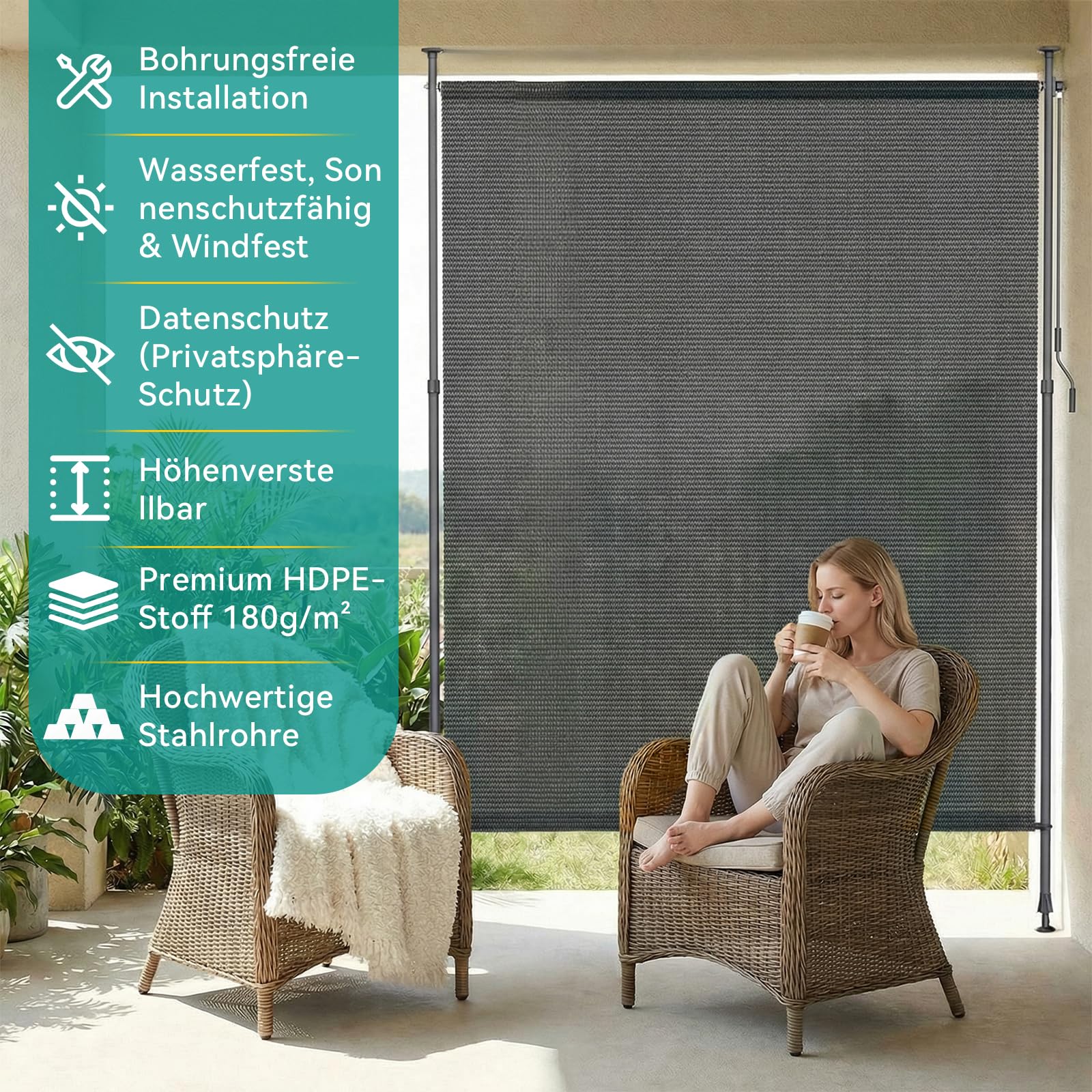 LIFERUN HDPE Klemmmarkise Senkrechtmarkise Außen 200×310cm, Balkon Sichtschutz ohne Bohren, ausziehbare Seitenmarkise, Sonnenschutz Windschutz Wasserfest,für Balkon Garten Terrasse,Grau,2 PCS Stangen