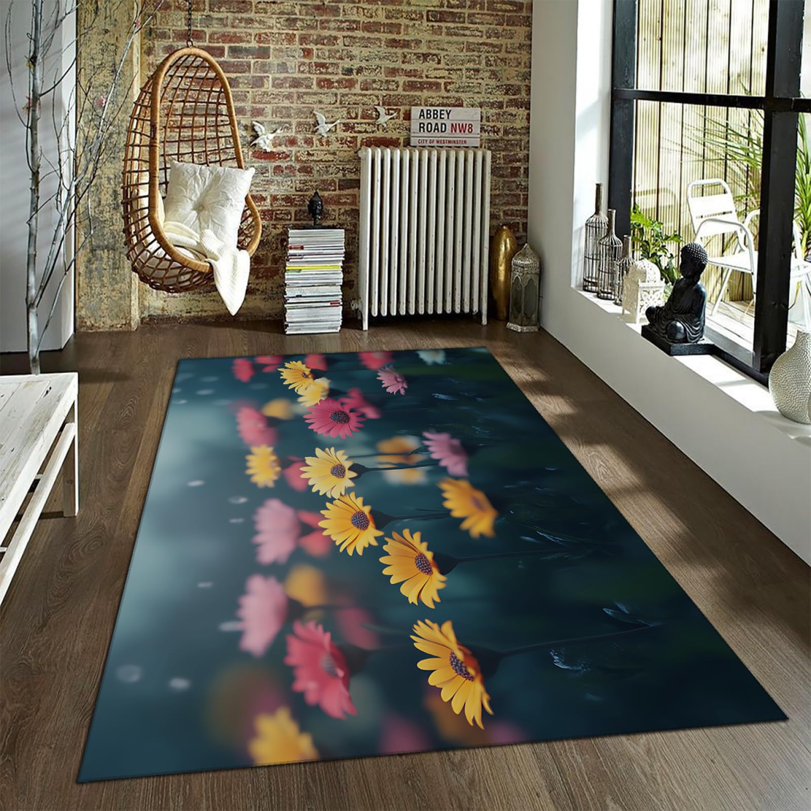Tapis de paysage rural 60x90cm à motif marguerites colorées pour intérieur chic
