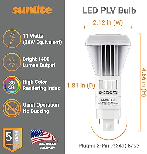 Miniatura 2 de Sunlite 40266 - Bombilla LED CCT PLV empotrable, 11 W, 26 W, repuesto fluorescente, 1400 lúmenes, base de 2 pines G24d, vertical, compatible con