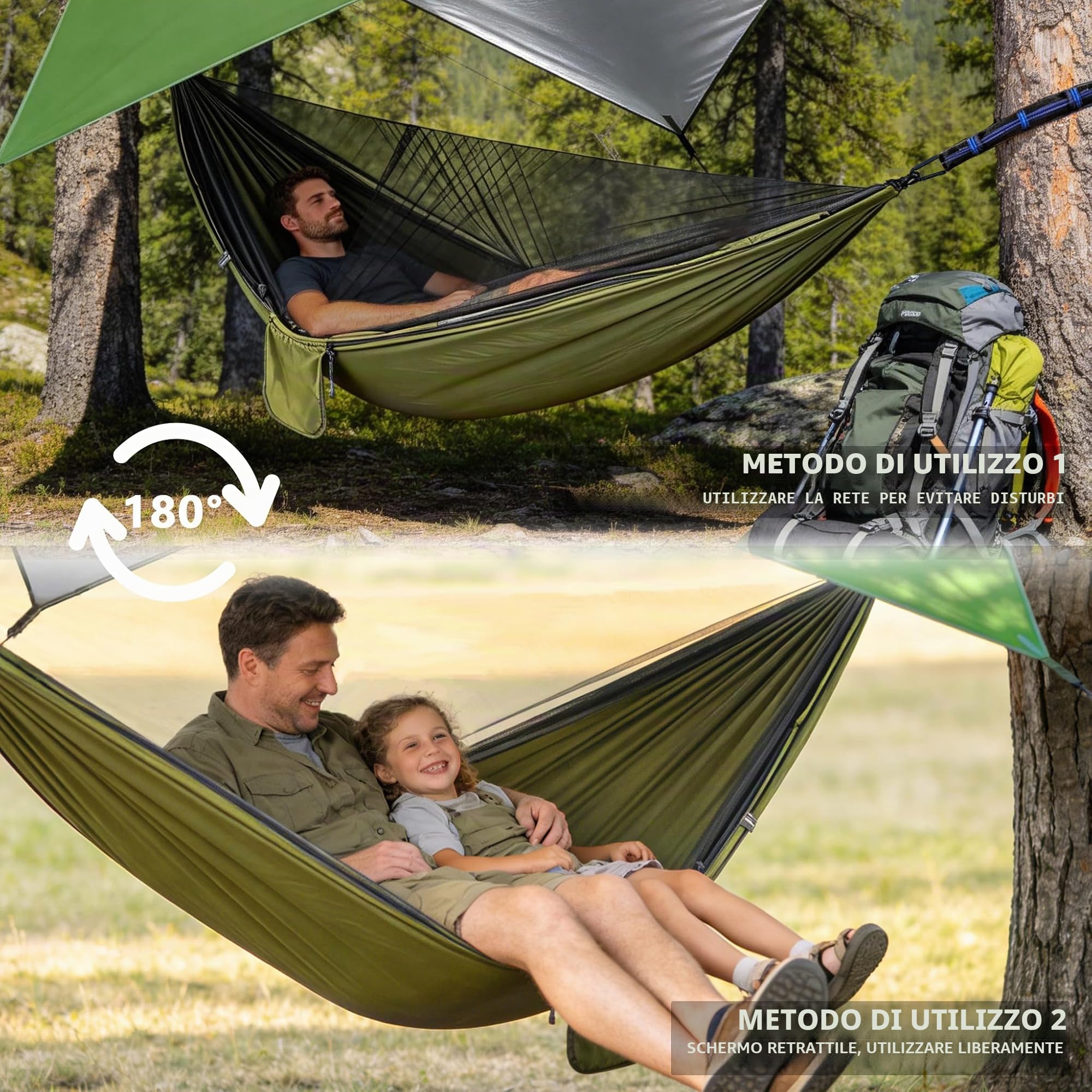 Amaca da Giardino Campeggio Leggera, Amaca da Esterno con Zanzariera e Tenda Parasole, 290x140cm 210T Doppi Strati Nylon Paracadute Amaca Sospesa per Viaggio Escursionismo