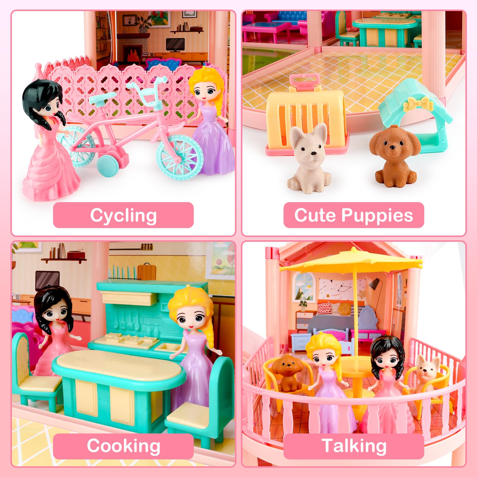 deAO Casa delle Bambole con Mobili e Accessori,Casetta Bambole con 2 Piani, 3 Camere da Letto, Balcone, 3 Bambole, 17 Mobili, Biciclette,Regalo per Bambina per 3 4 5 6 7 8 Anni, LY233-03
