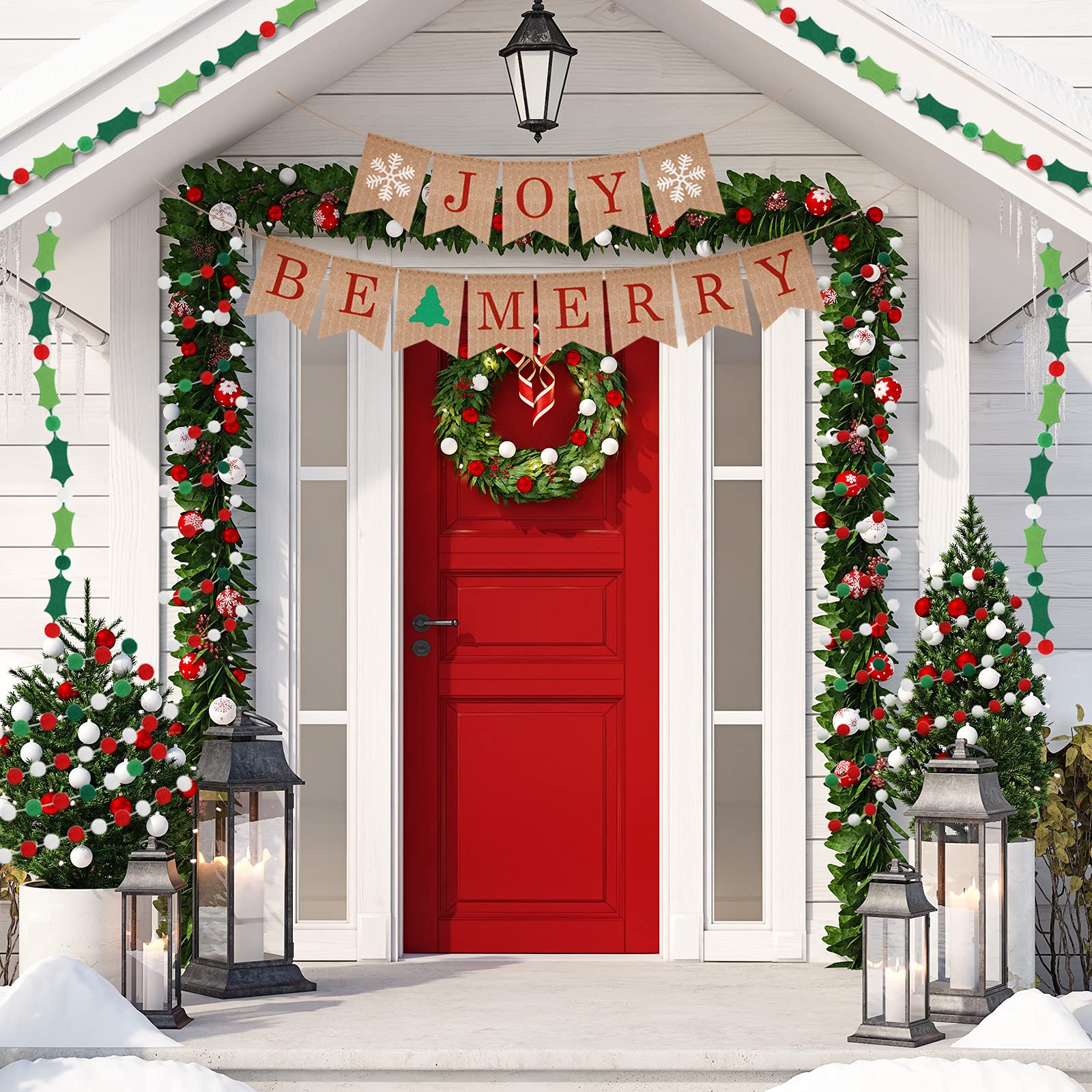 Banner de arpillera de Navidad de fieltro Pom Garland Banner Be Merry Bunting Banner Happy Holidays Banner Joy Bunting Banner para vacaciones de cumpleaños, decoración de aniversario