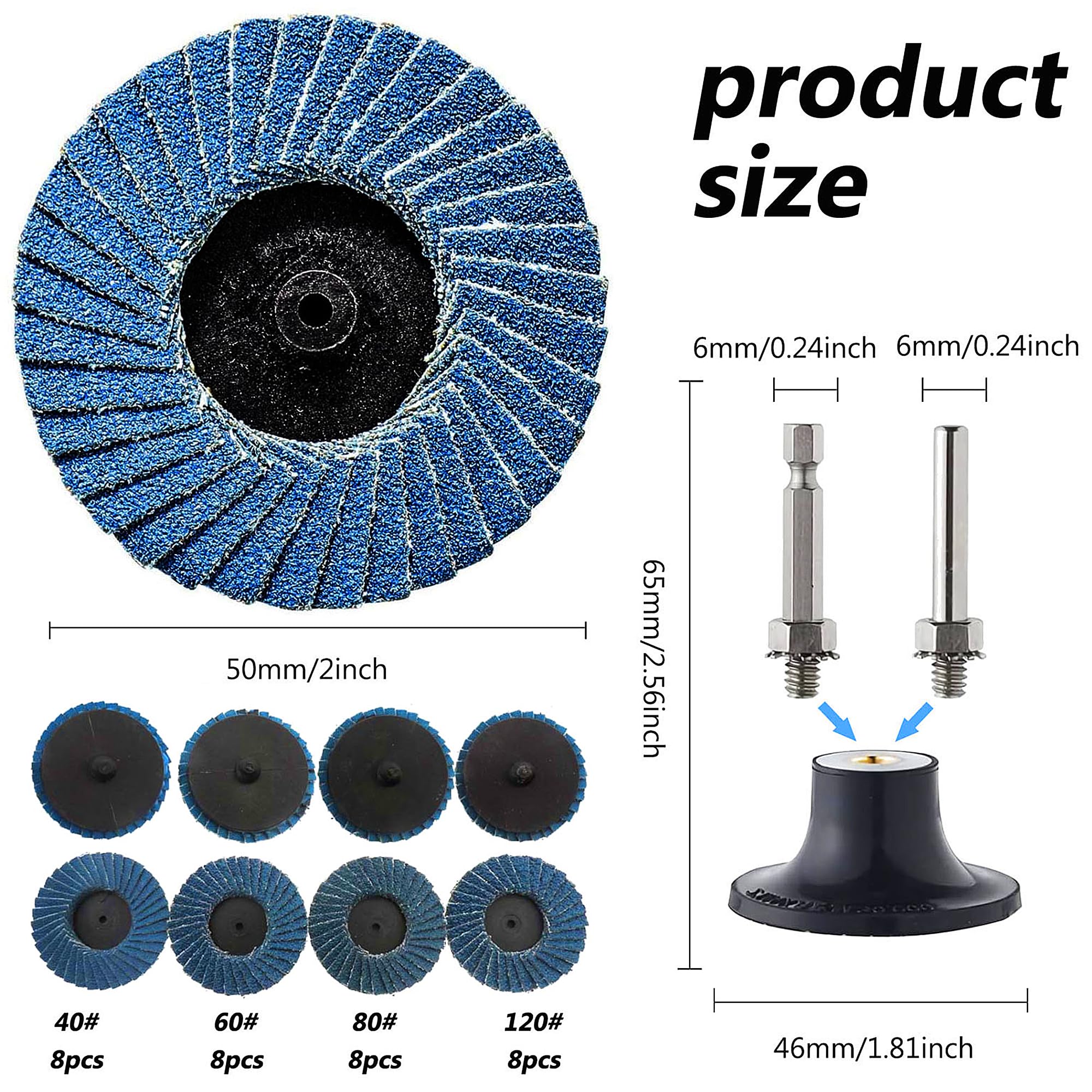 Lot de 32 disques à lamelles de 50 mm pour perceuse, disques abrasifs de 5 ", grain 40/60/80/120, en corindon de zirconium, avec adaptateur de 6,35 mm, pour métal, bois, acier rapide