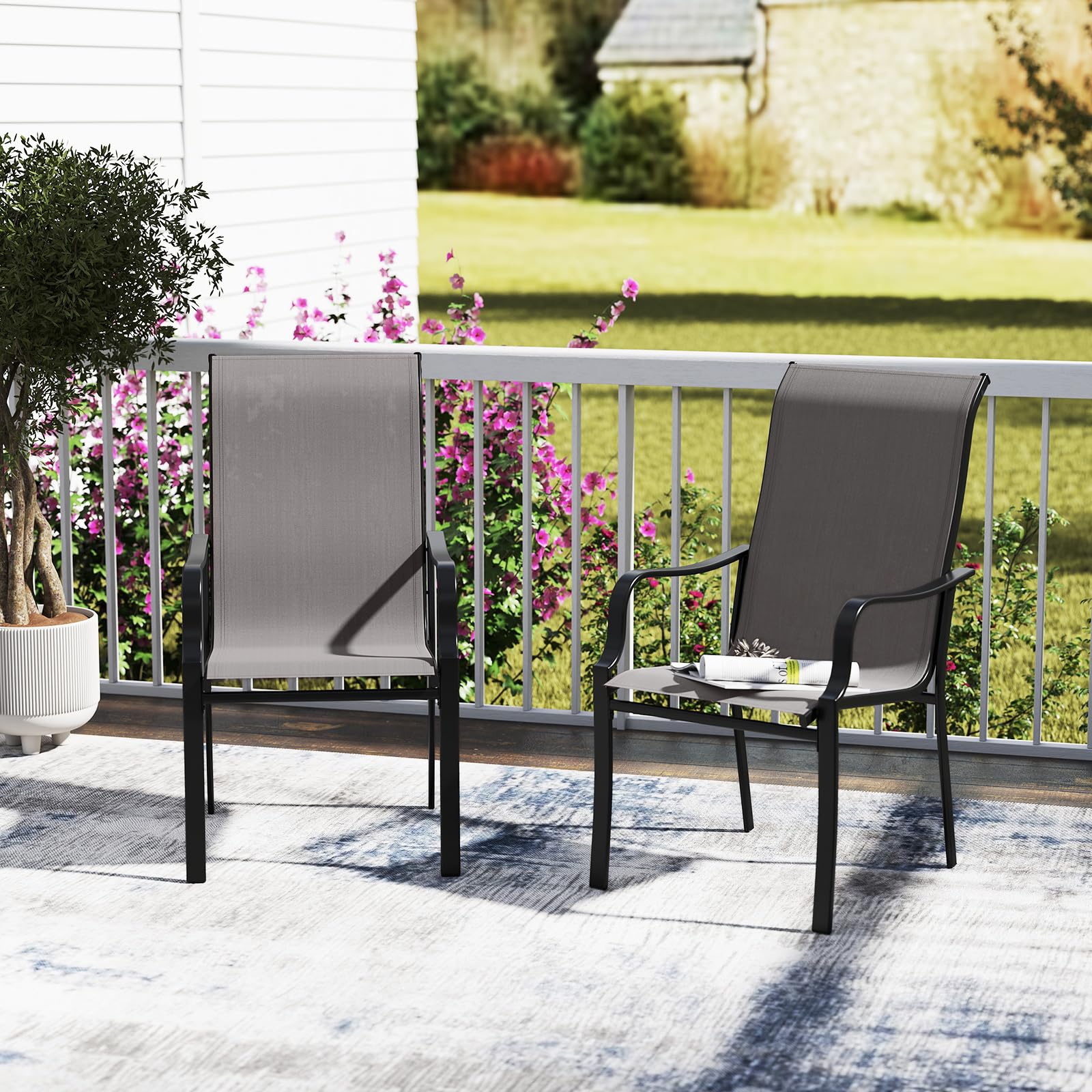 COSTWAY 2 Sillas Jardin Exterior Textilene, Sillas Comedor con Respaldo Alto y Asiento Ancho, Estructura Metálica, Terraza Balcon Exterior, 56 x 73 x 101 cm, Carga 150kg