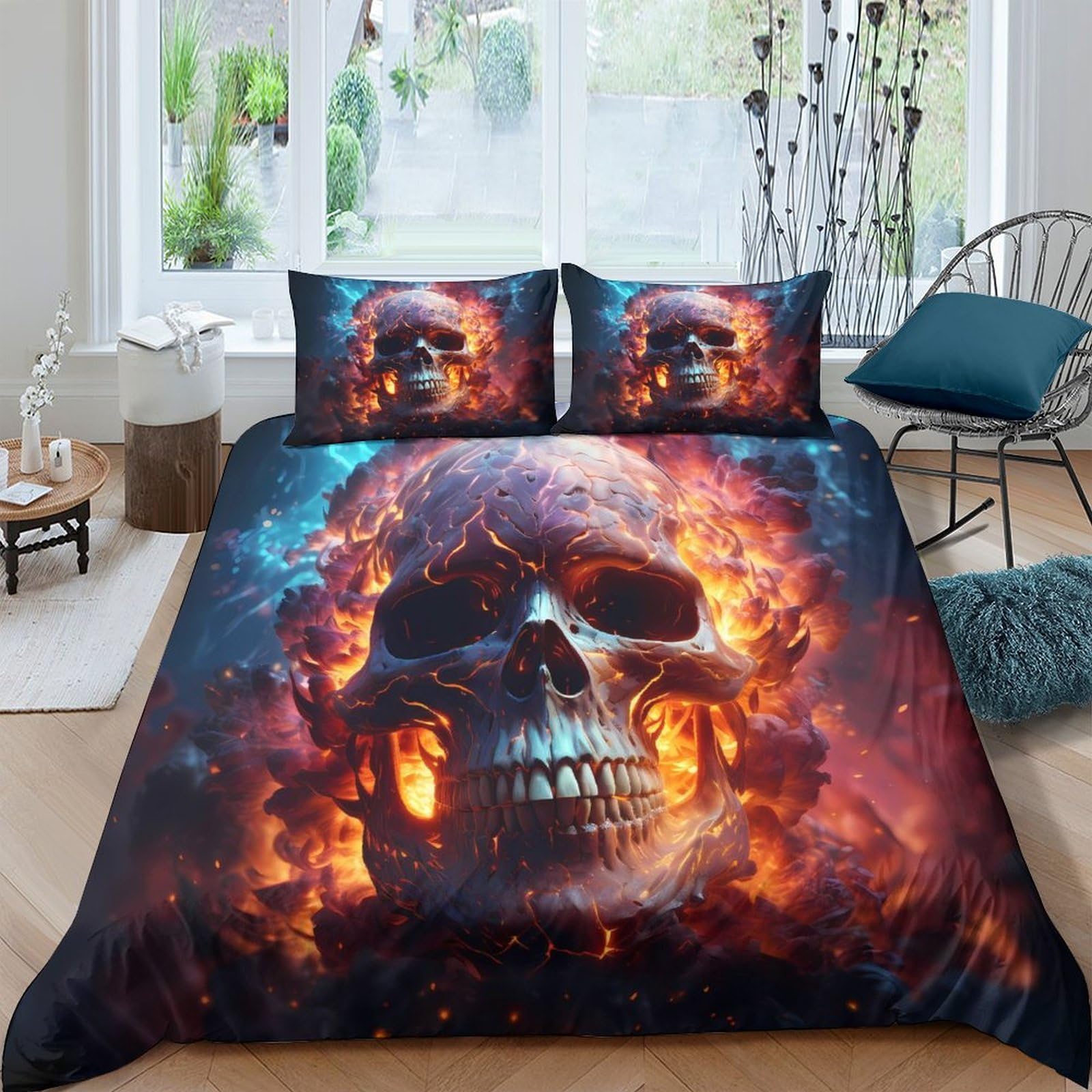 Ctjqhvkz Style-1 3D Printed Flaming Skull Fitted Sheet Microfiber Soft Dark Fire Skull Mattress Cover For Bedroom Dorm Bed Protection Decor Single（135X200cm）