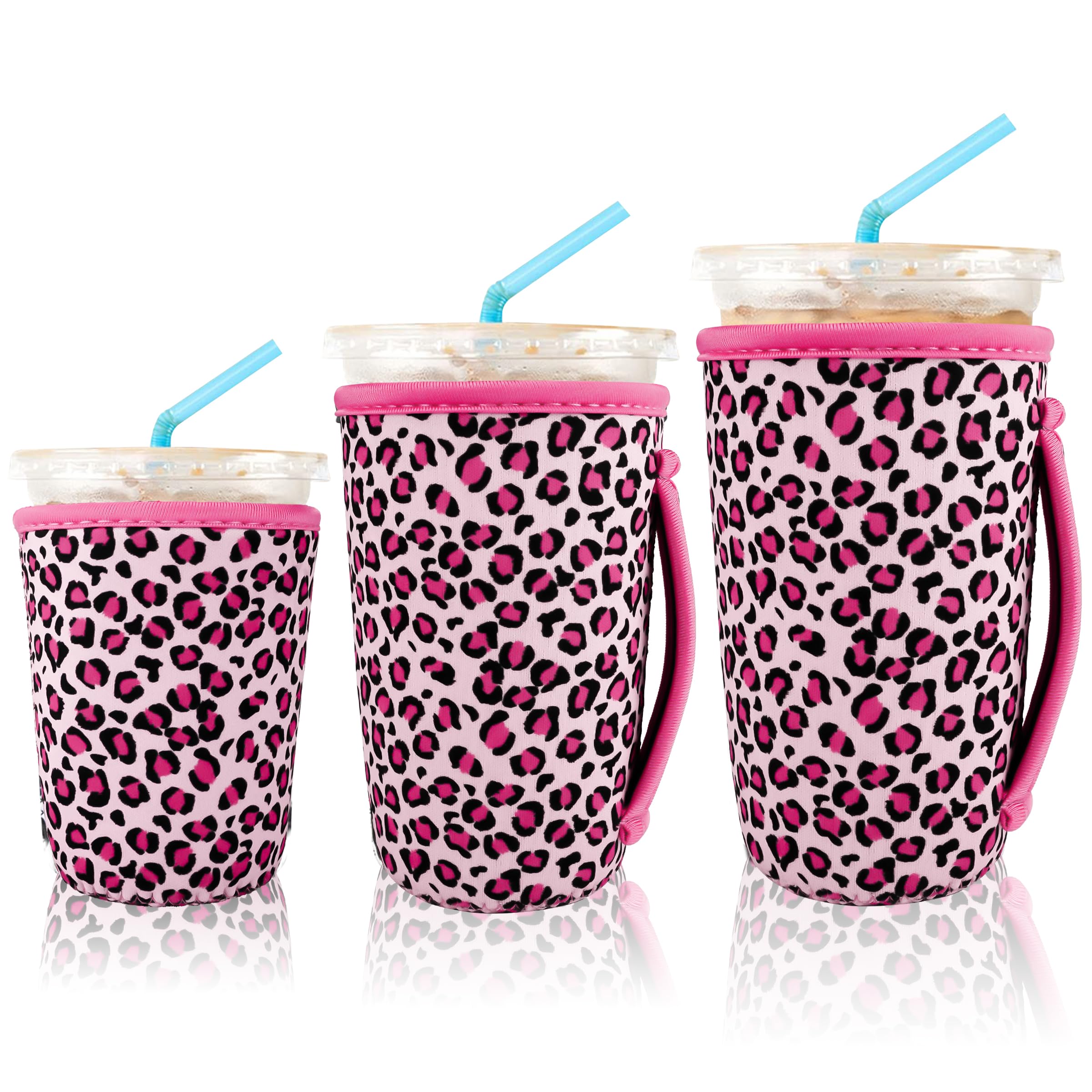 KJQJLY 3 Pack Reusable Iced Coffee Sleeves for Iced Coffee Cups or Drinks Reusable Neoprene Insulated Sleeves for Hot and Cold Drinks from Starbucks, Dunkin, And More (pink leopard print)