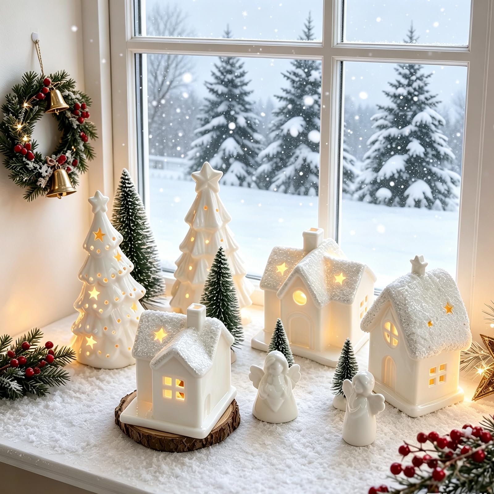 12Stk Weihnachtsdorf mit Beleuchtung,Weihnachtshaus Beleuchtet,Keramik Weihnachtsdeko innen,3*beleuchtete Weihnachtshäuser & 2*Weihnachtsbäume & 2*Engel,Deko Weihnachtsdorf mit Beleuchtung für Tisch