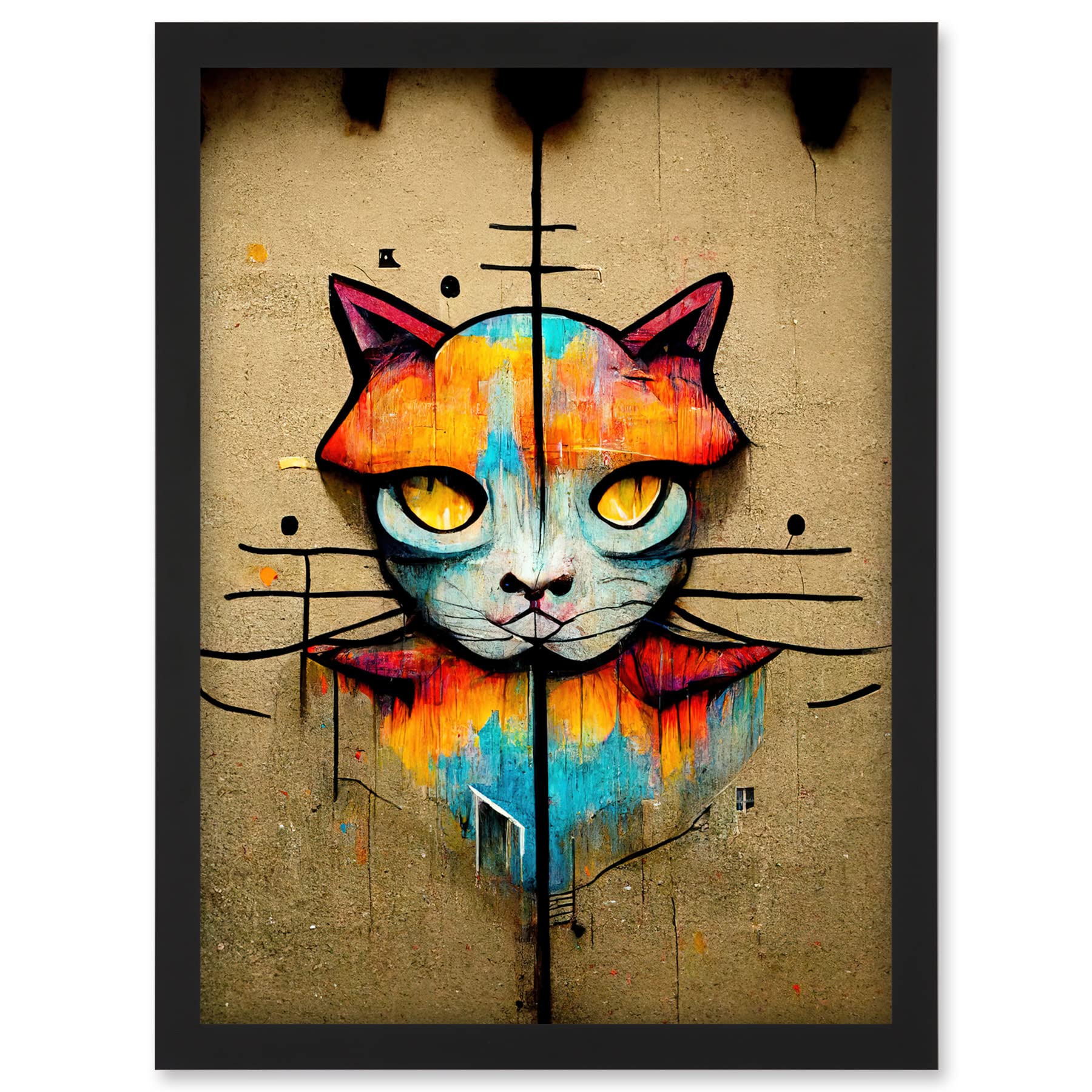 Doppelganger33 LTD Vibrant Symmetrical Street Art Mural Graffiti Cat Artwork Framed A3 Wall Art Print