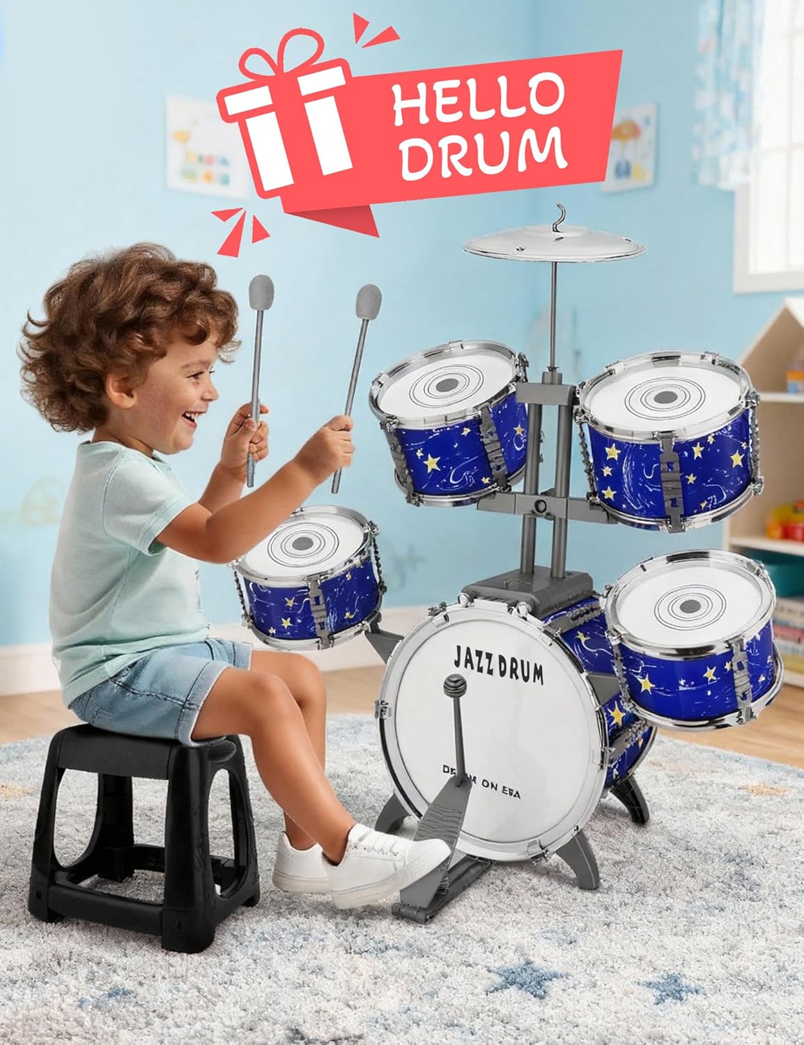 Upgraded Kids Drum Set for Toddlers Plastic Musical Jazz Drum Instruments Kit Birthday Musical Learning Toys for 4 5 6 Boys Girls, Starlight Blue