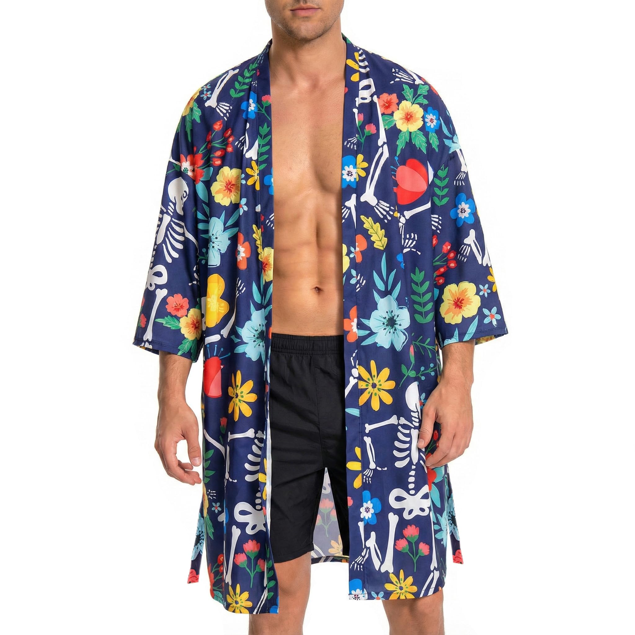 OLAOLA Men Lightweight Kimono Robe with Belt Japanese Style Robe Jacket Casual Open Front Long Cardigan Cape Coat Outwear