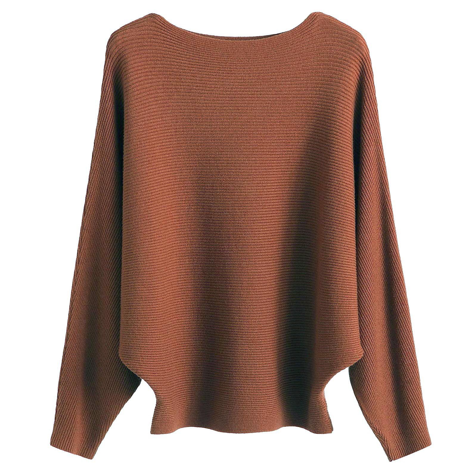 Cegerne Damen Pullover Fledermausärmel Oberteil Elegant Oversize Pulli Langarm Sweatshirt Strickpullover Batwing Knitted Sweater, Karamell