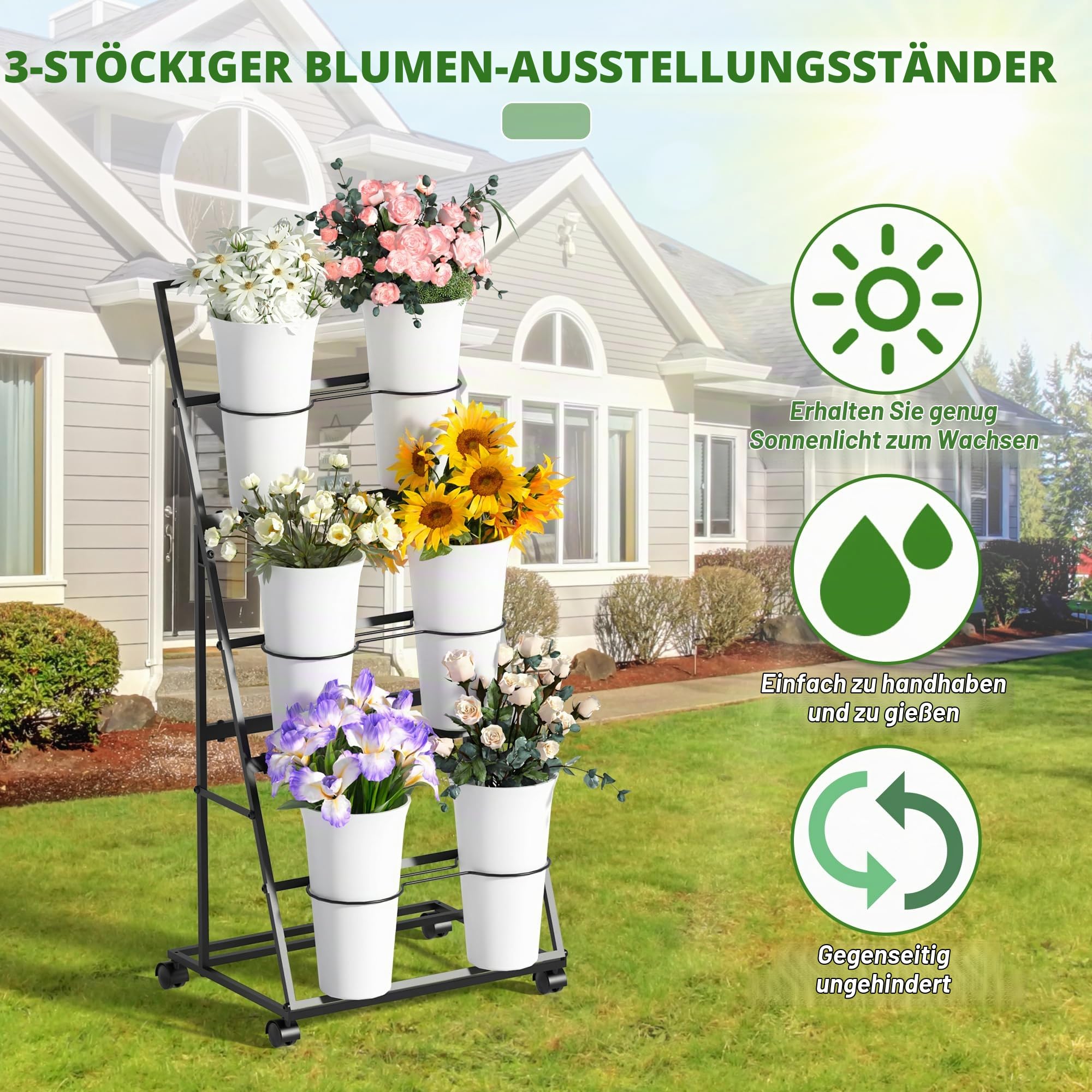 Alyoen Blumenständer mit Rollen und Eimern, 3 Etagen Blumenständer aus Metall mit 6 Eimern, Mobiler Pflanzenständer für Innen- und Außenbereiche, Hochzeiten, Blumenläden, Garten (Schwarz)