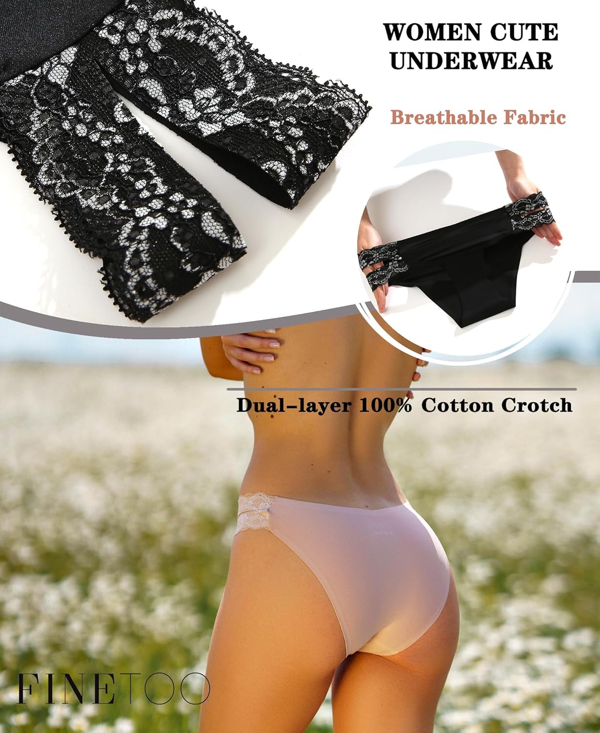 FINETOO Seamless Underwear for Women Cheeky Bikini Panties High Cut V-waist Lace Underwear Women Cute Bikinis 6 Pack - Image 3