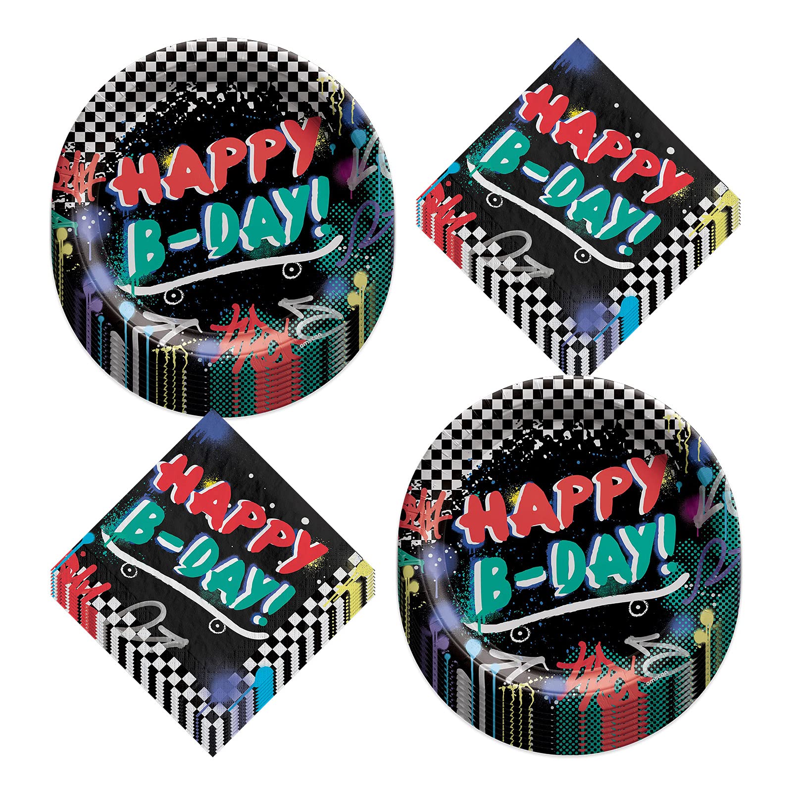Skater Party Black and White Checkered Graffiti Happy Birthday Paper Dinner Plates and Napkins (Serves 16)