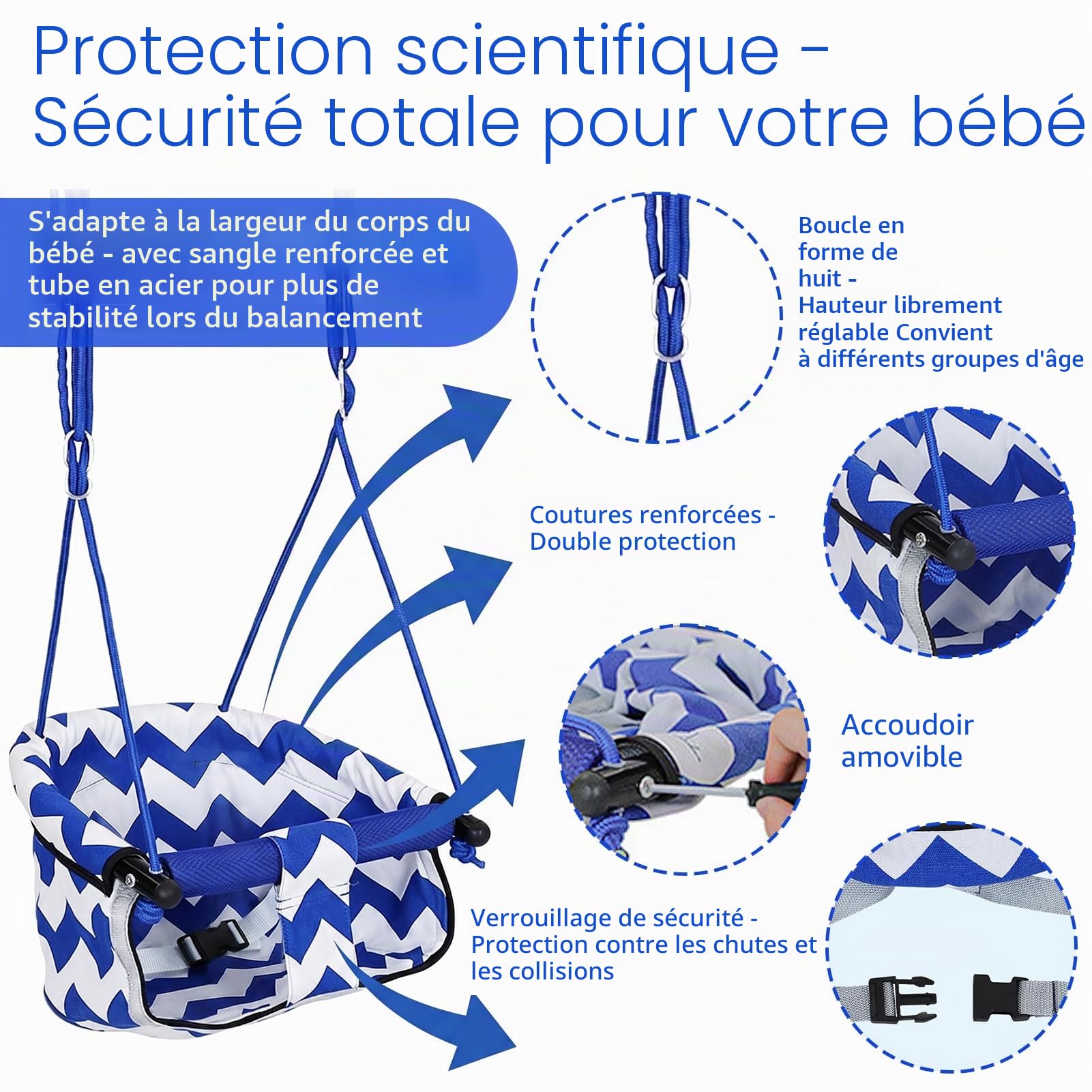 Balancoire Bebe,Siege Balancoire Bebe pour Intérieure et Extérieure Dès 6 Mois et Plus,Balancoire Exterieur avec Ceinture De Sécurité Et Corde Réglable,Balancoire Enfant Résistante jusqu'à 100KG+