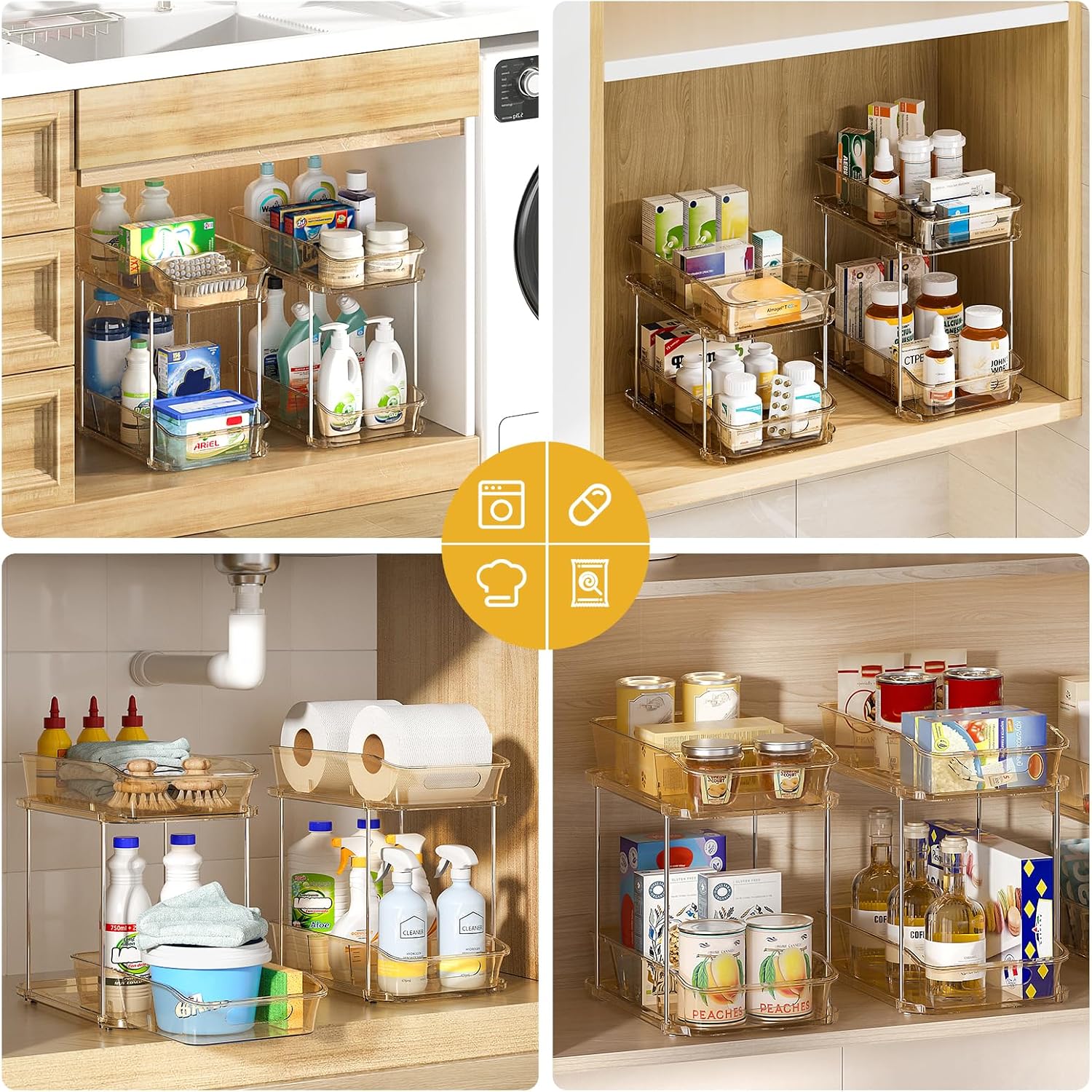 Delamu 2-Tier Under Sink Organizers and Storage, Multi-Purpose Stackable Bathroom Cabinet organizers, Pull Out Kitchen Pantry Organization and Storage with Dividers(4 Pack, Amber)